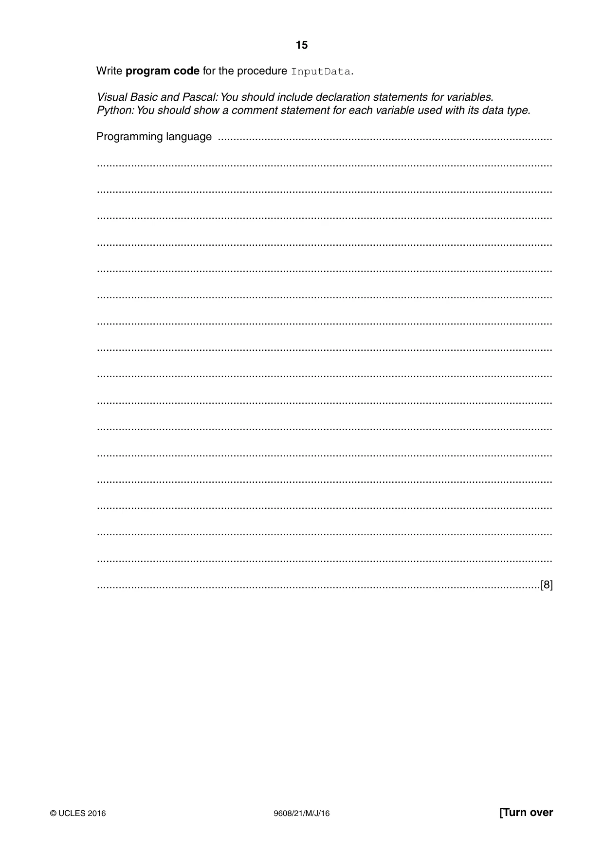 Cambridge A Level Computer Science 9608 2016 May/June Paper 2 · Variant 1 question paper, page 15 of 20