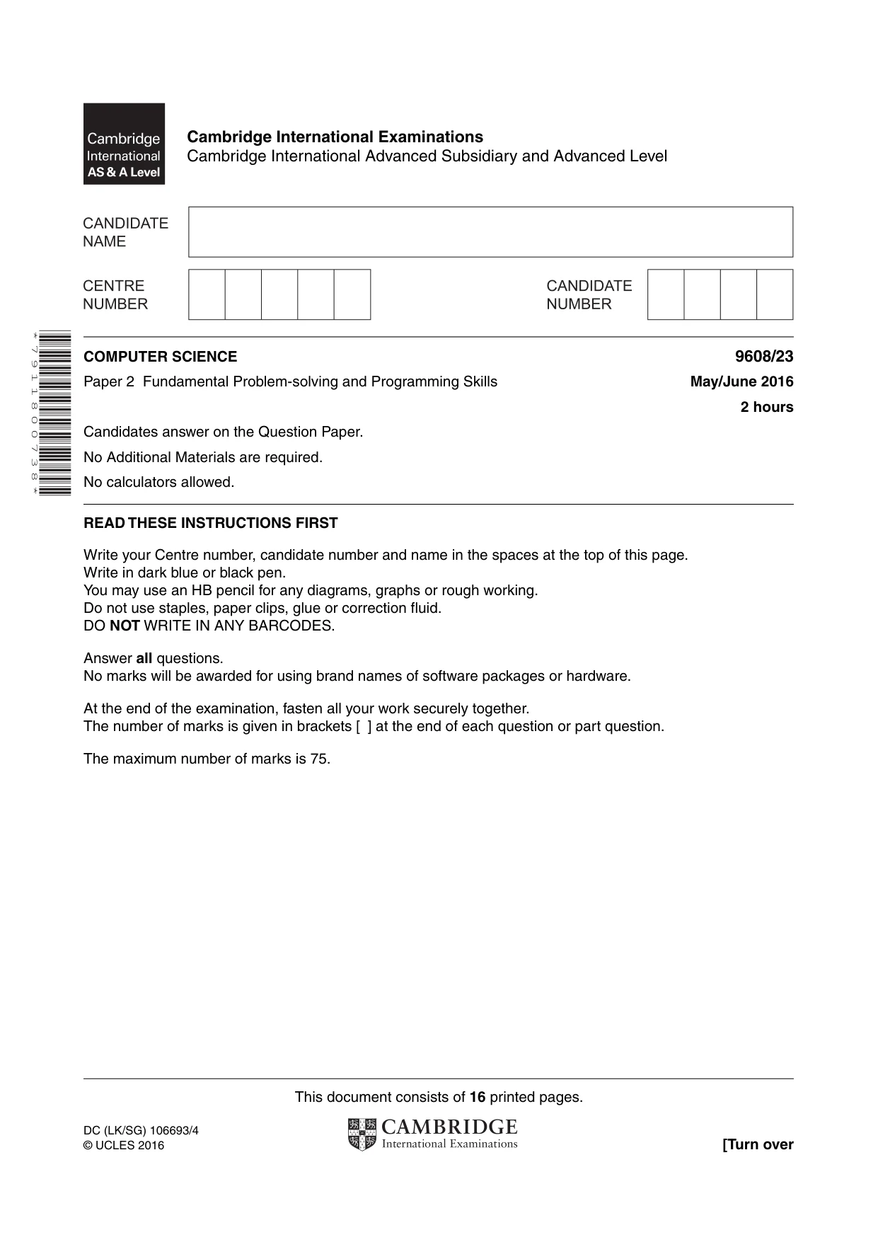 Cambridge A Level Computer Science 9608 2016 May/June Paper 2 · Variant 3 question paper, page 1 of 16