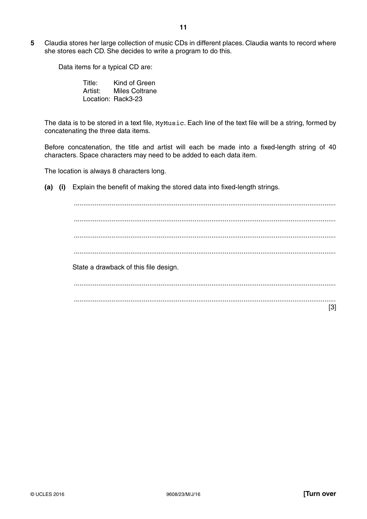 Cambridge A Level Computer Science 9608 2016 May/June Paper 2 · Variant 3 question paper, page 11 of 16