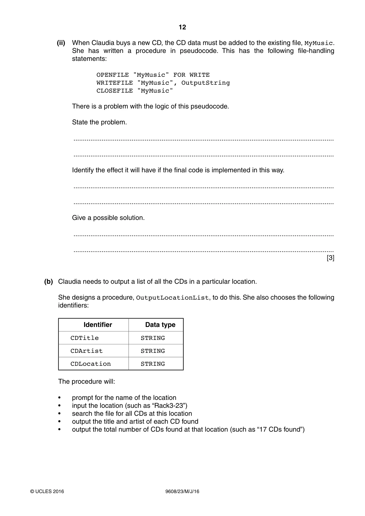 Cambridge A Level Computer Science 9608 2016 May/June Paper 2 · Variant 3 question paper, page 12 of 16
