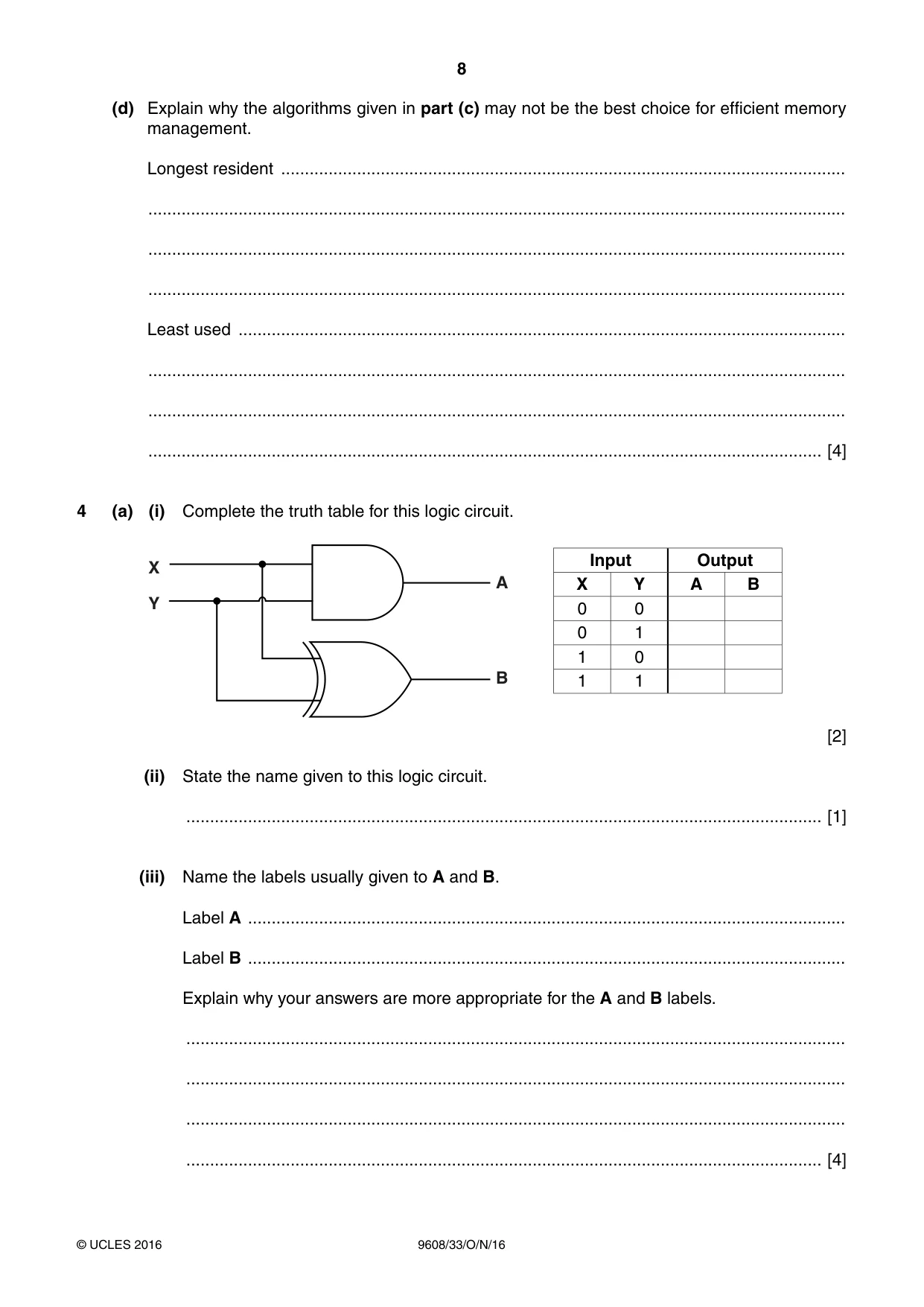 Cambridge A Level Computer Science 9608 2016 Oct/Nov Paper 3 · Variant 3 question paper, page 8 of 12