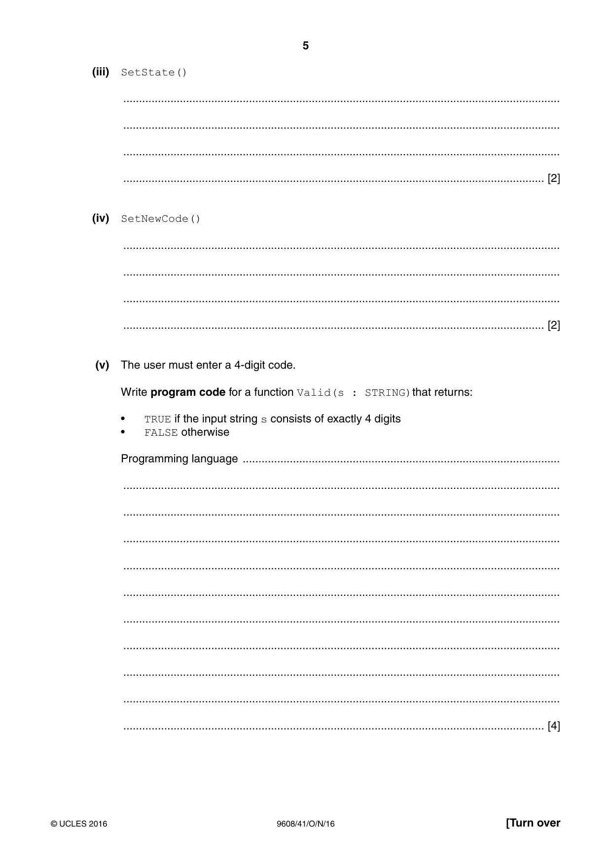 Cambridge A Level Computer Science 9608 2016 Oct/Nov Paper 4 · Variant 1 question paper, page 5 of 16