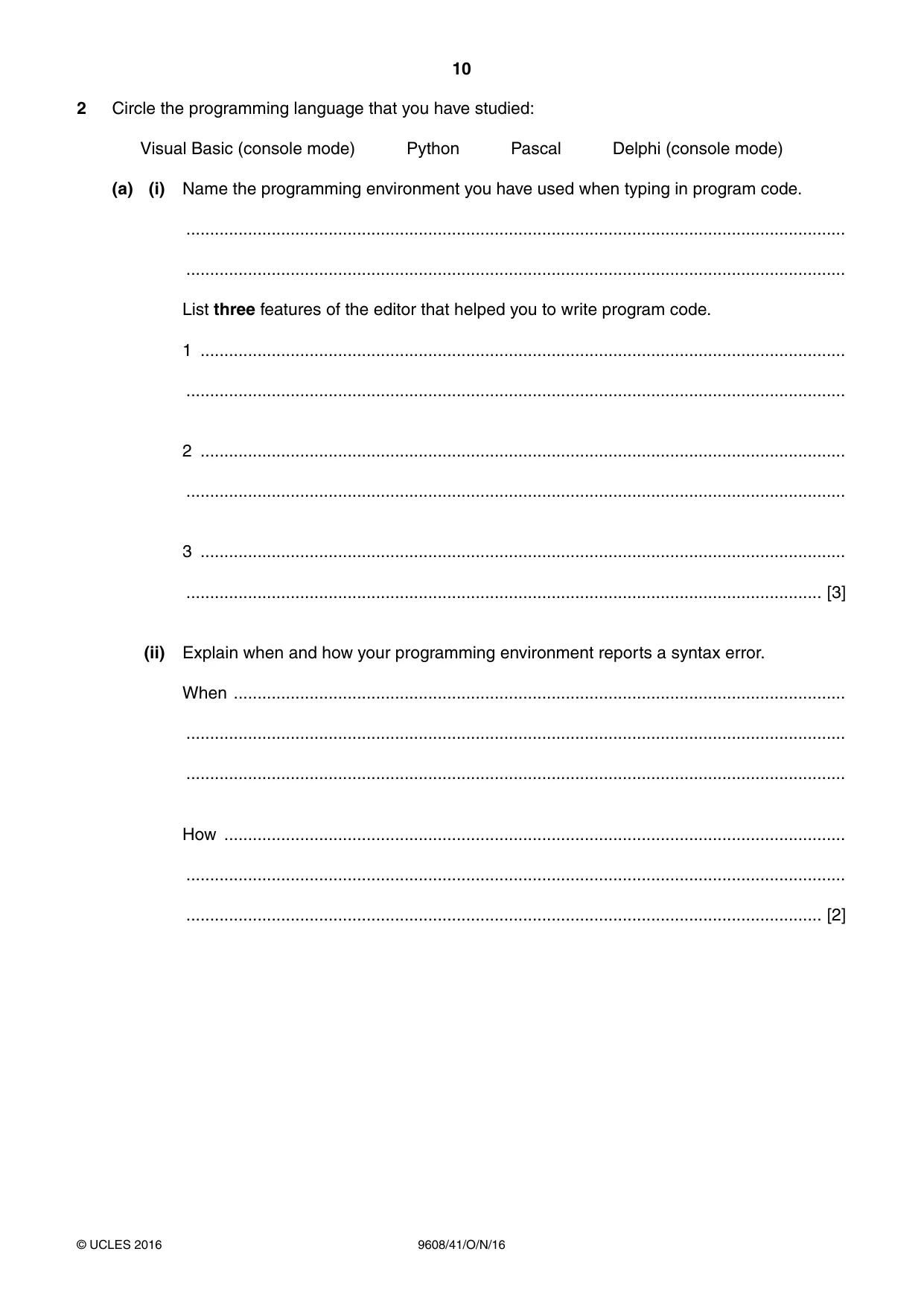 Cambridge A Level Computer Science 9608 2016 Oct/Nov Paper 4 · Variant 1 question paper, page 10 of 16