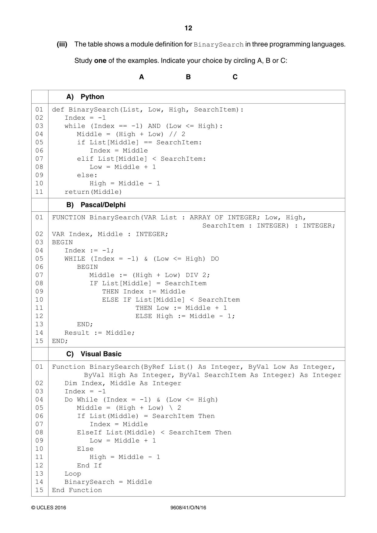Cambridge A Level Computer Science 9608 2016 Oct/Nov Paper 4 · Variant 1 question paper, page 12 of 16