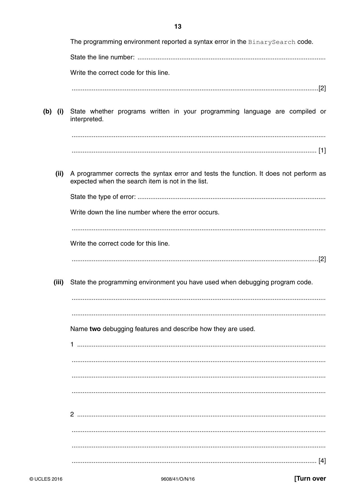 Cambridge A Level Computer Science 9608 2016 Oct/Nov Paper 4 · Variant 1 question paper, page 13 of 16