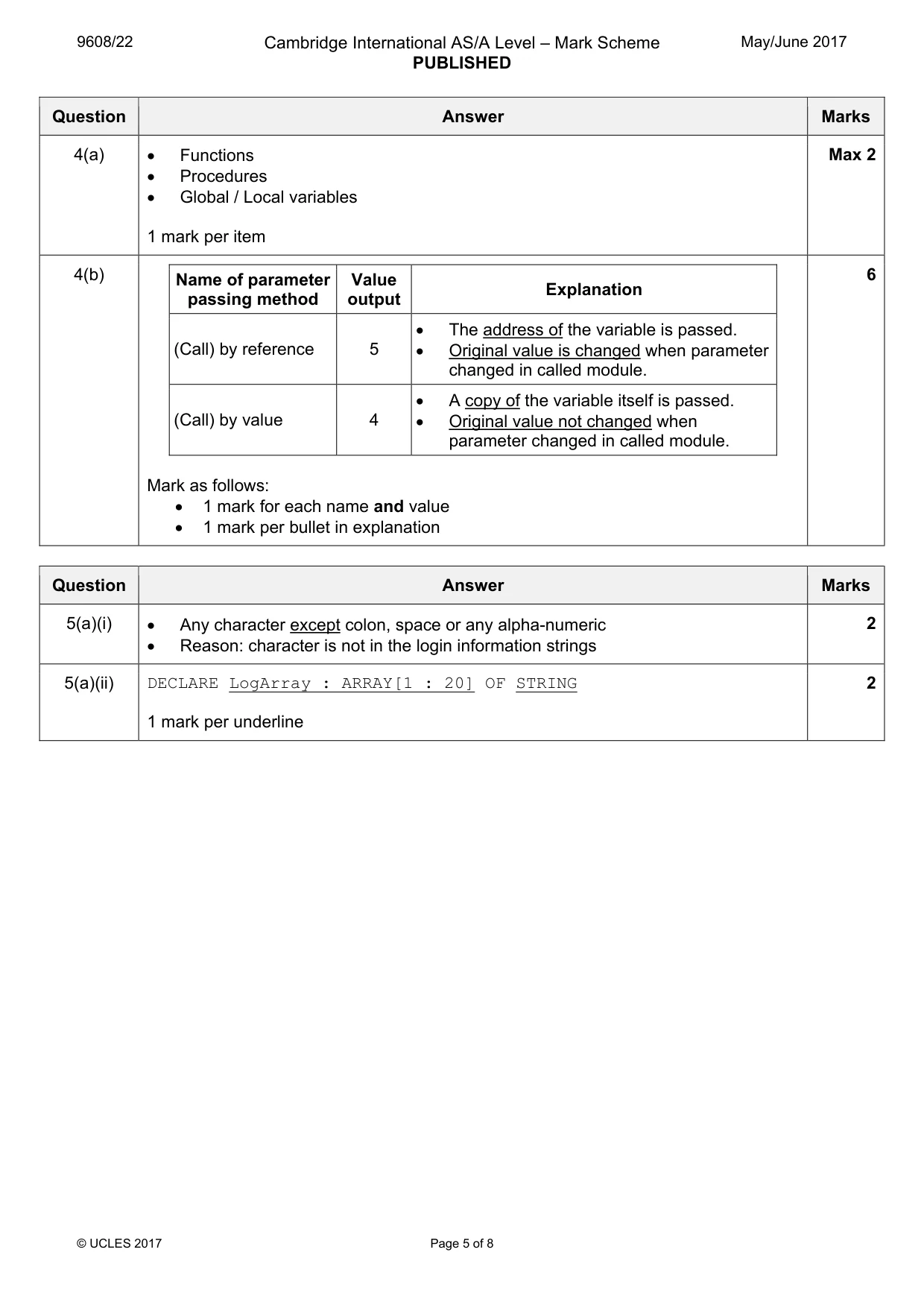 Mark scheme, page 5 of 8