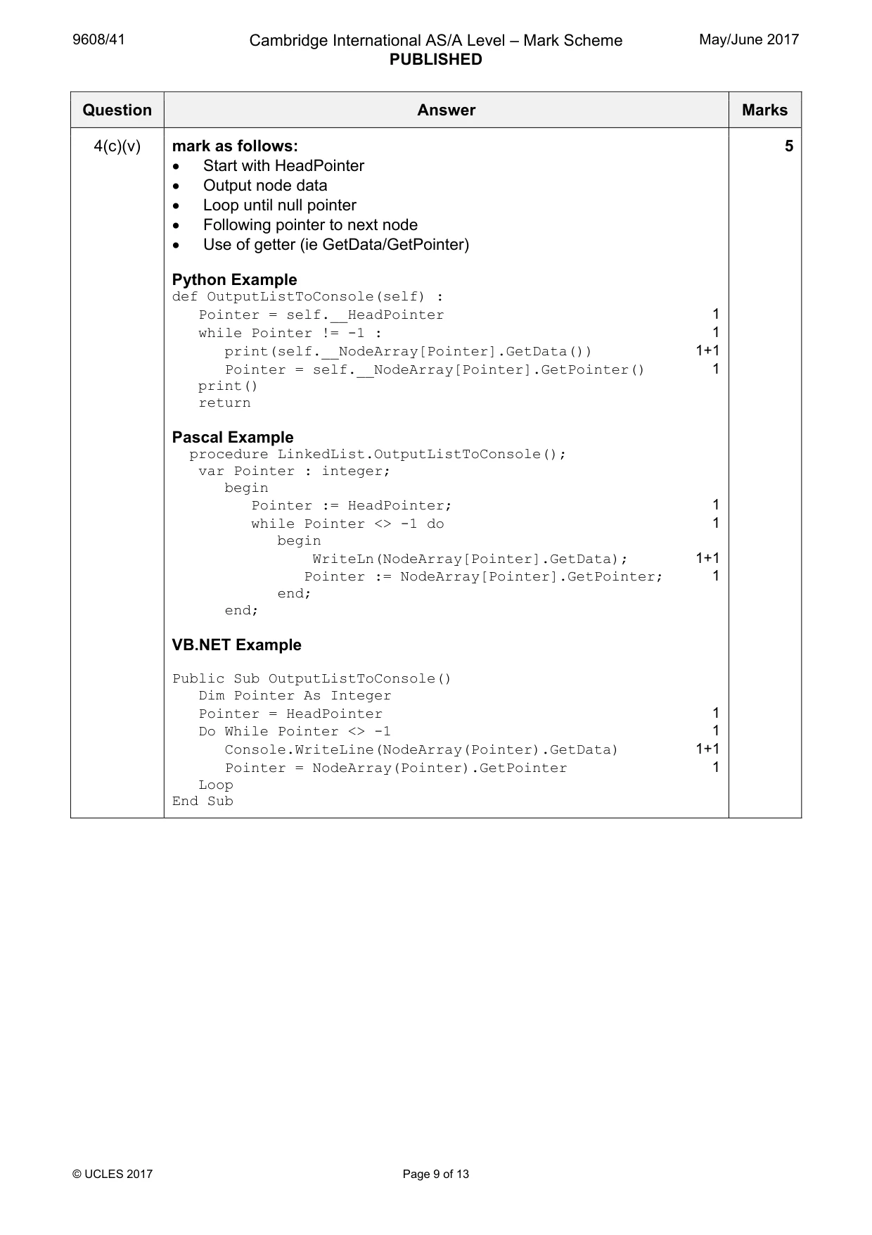 Mark scheme, page 9 of 13