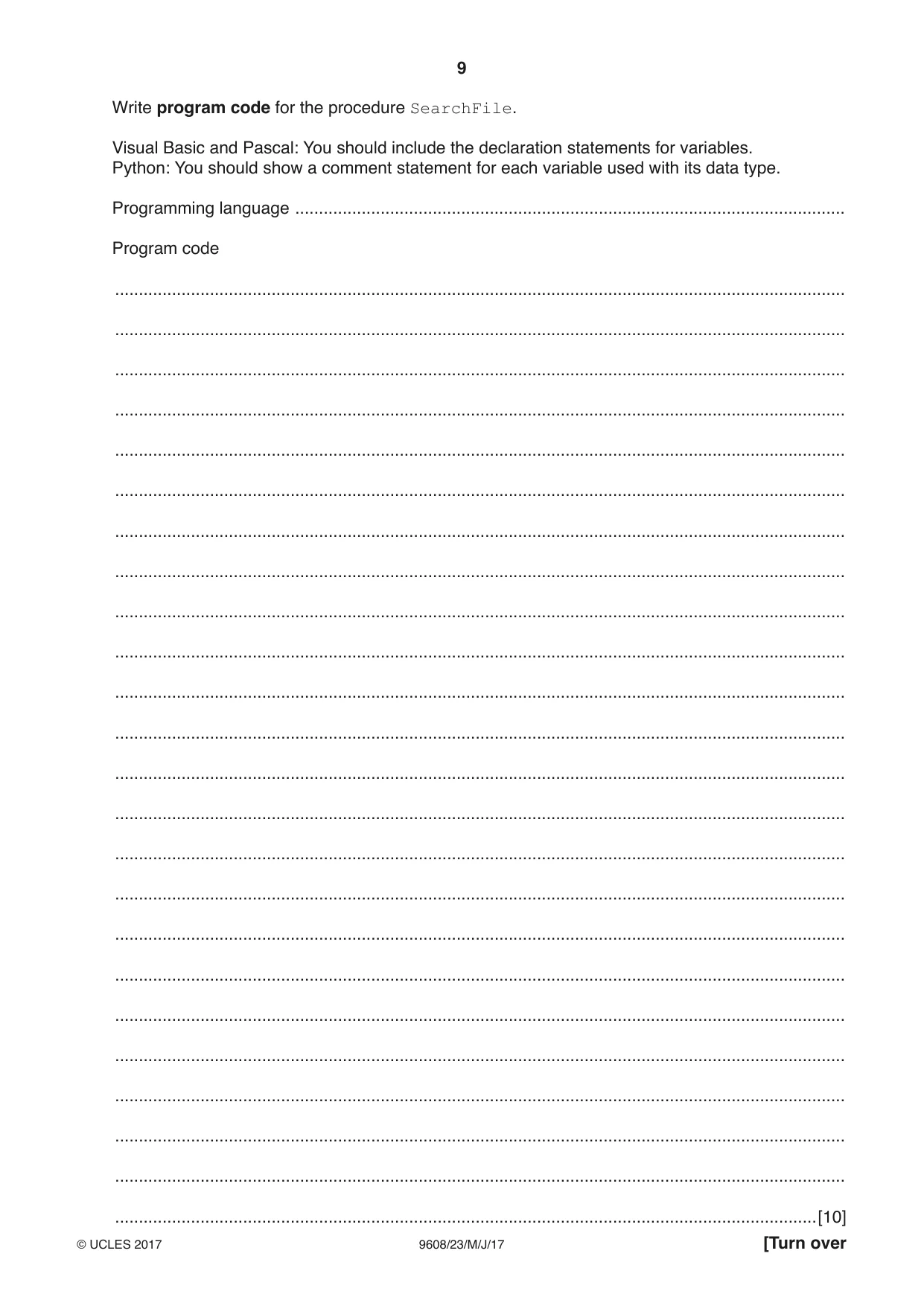 Cambridge A Level Computer Science 9608 2017 May/June Paper 2 · Variant 3 question paper, page 9 of 16
