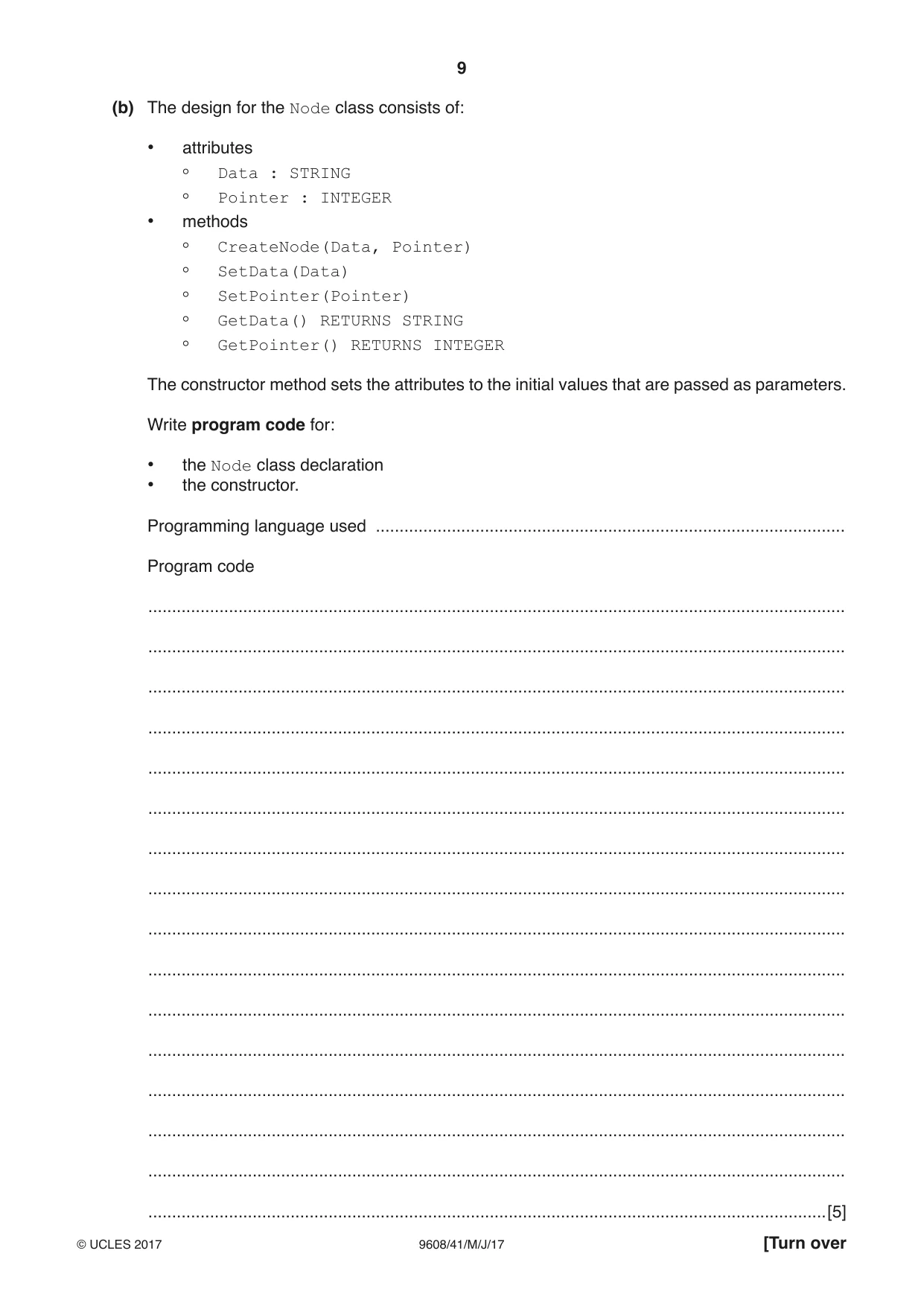 Cambridge A Level Computer Science 9608 2017 May/June Paper 4 · Variant 1 question paper, page 9 of 16