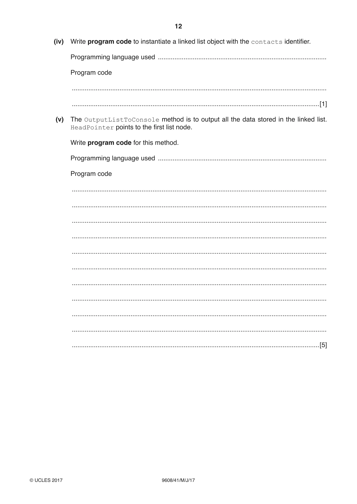 Cambridge A Level Computer Science 9608 2017 May/June Paper 4 · Variant 1 question paper, page 12 of 16