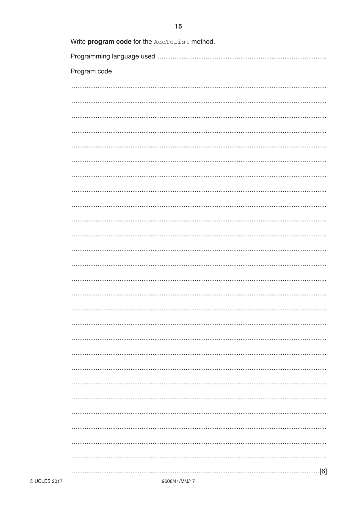 Cambridge A Level Computer Science 9608 2017 May/June Paper 4 · Variant 1 question paper, page 15 of 16