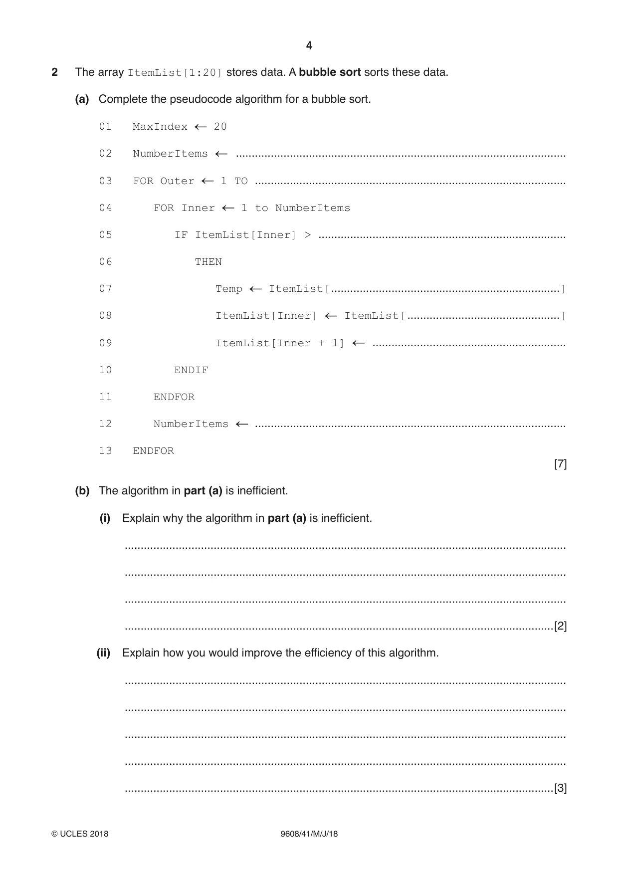 Cambridge A Level Computer Science 9608 2018 May/June Paper 4 · Variant 1 question paper, page 4 of 20