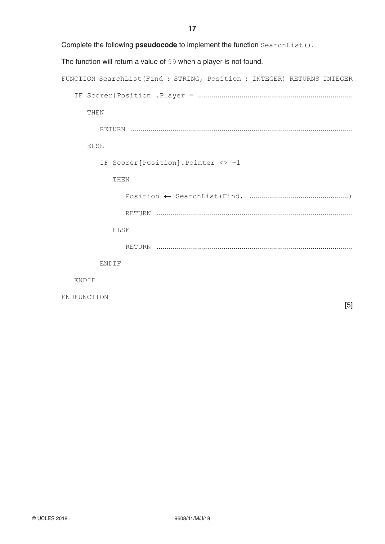 Cambridge A Level Computer Science 9608 2018 May/June Paper 4 · Variant 1 question paper, page 17 of 20