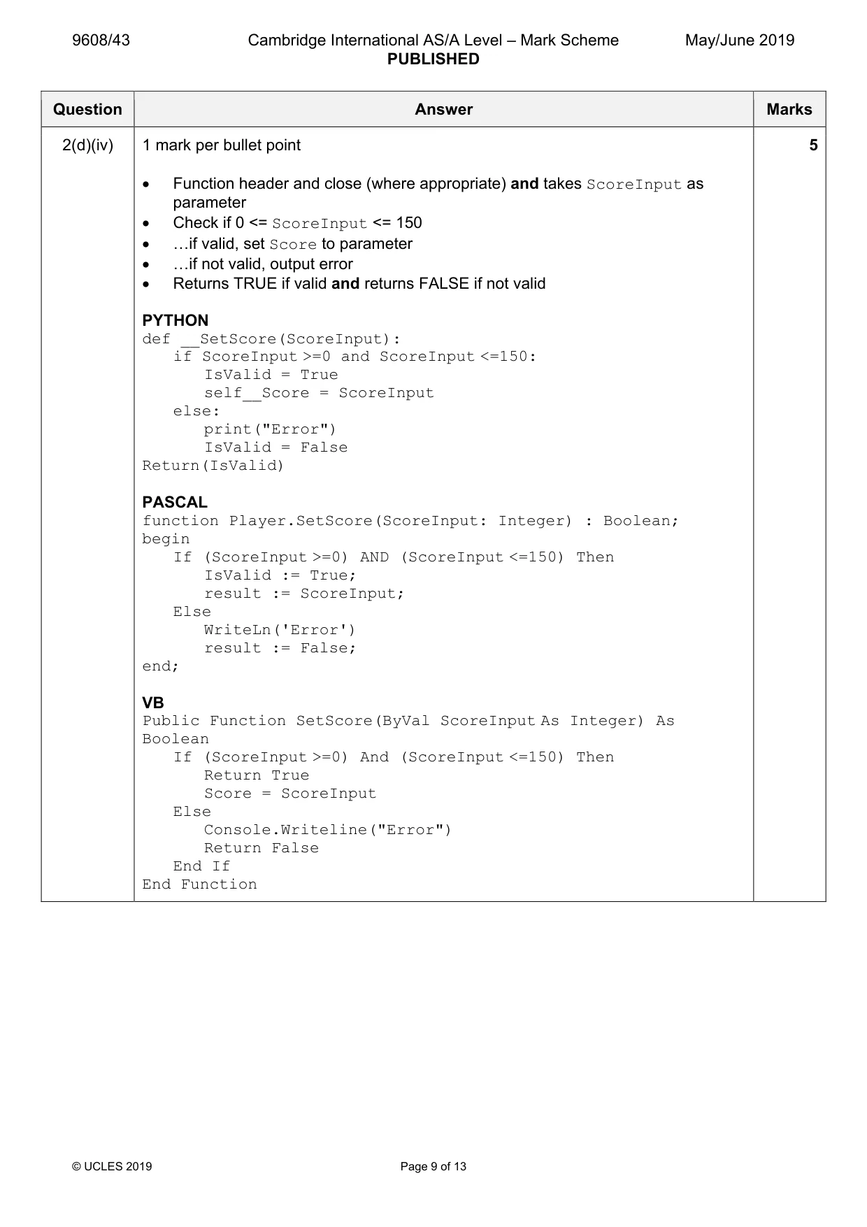 Mark scheme, page 9 of 13