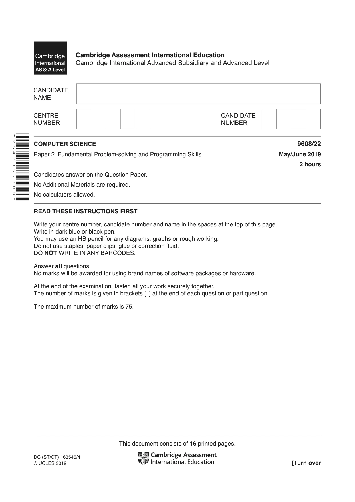 Cambridge A Level Computer Science 9608 2019 May/June Paper 2 · Variant 2 question paper, page 1 of 16