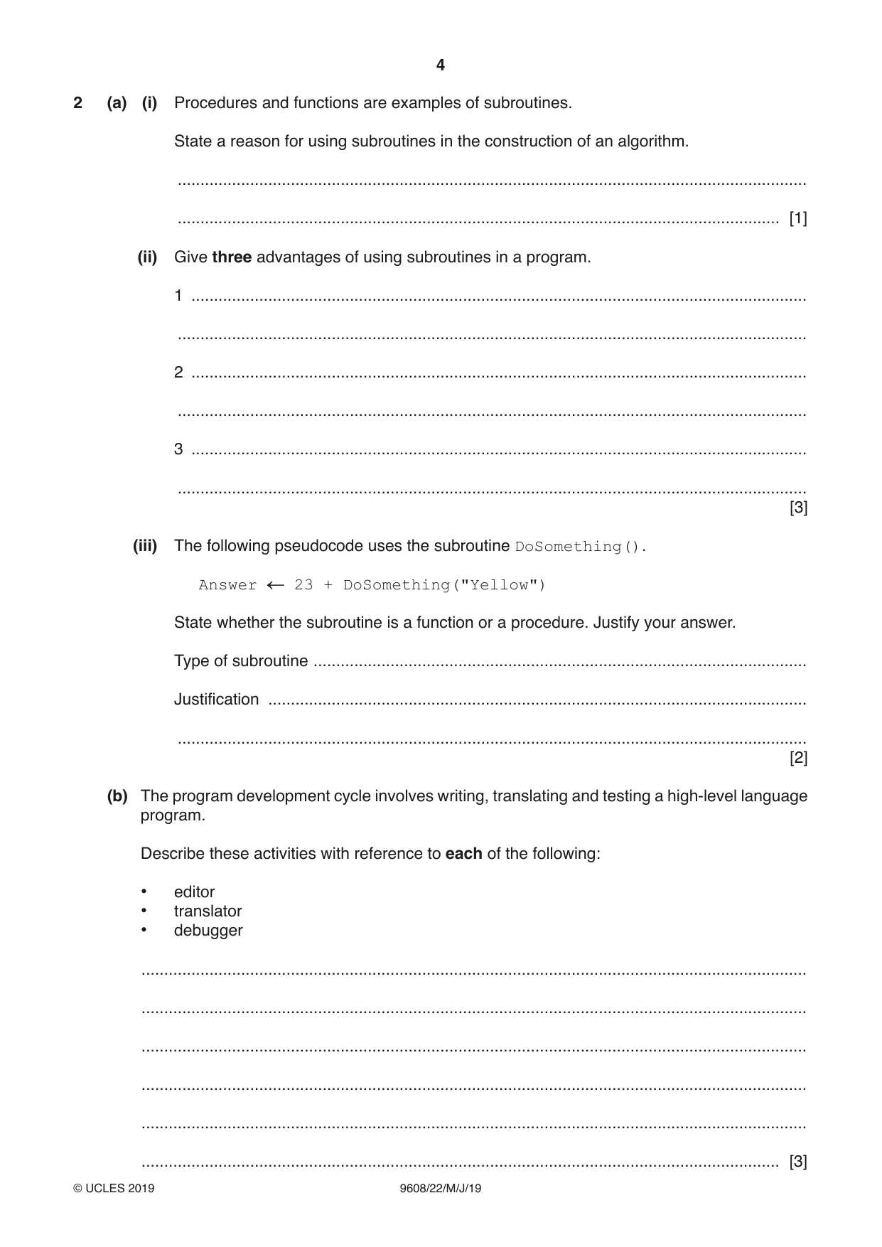 Cambridge A Level Computer Science 9608 2019 May/June Paper 2 · Variant 2 question paper, page 4 of 16