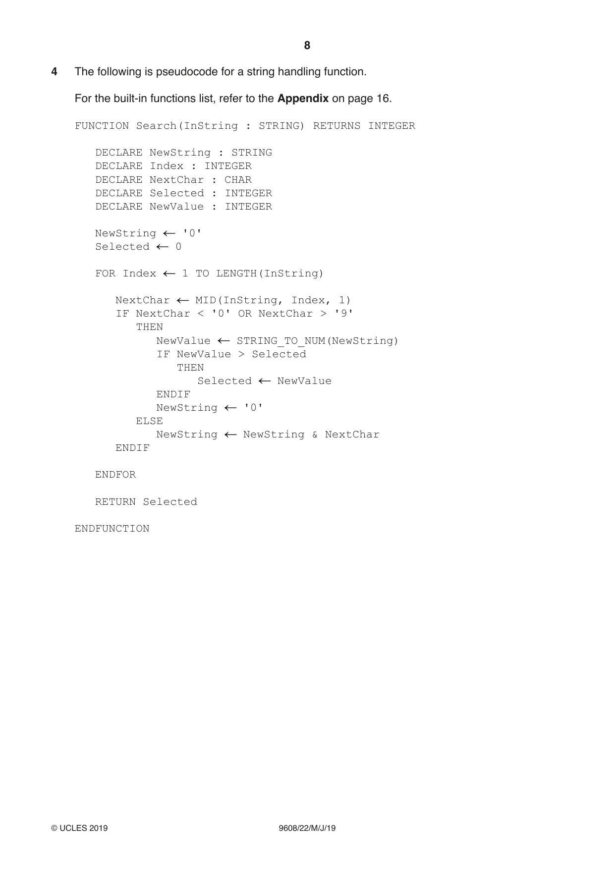 Cambridge A Level Computer Science 9608 2019 May/June Paper 2 · Variant 2 question paper, page 8 of 16