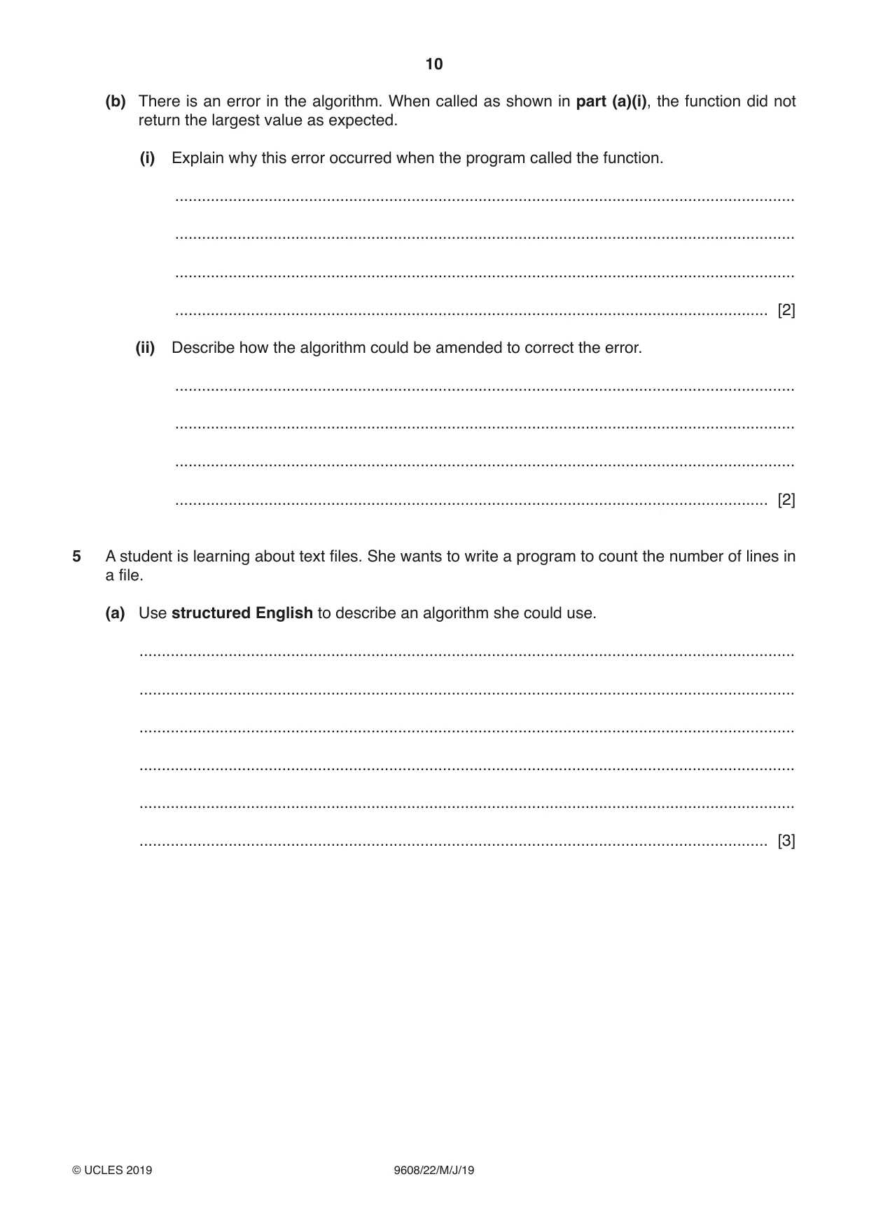 Cambridge A Level Computer Science 9608 2019 May/June Paper 2 · Variant 2 question paper, page 10 of 16