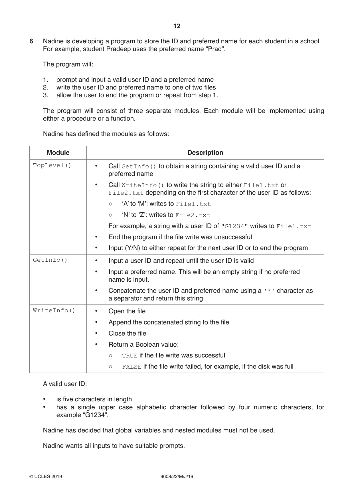 Cambridge A Level Computer Science 9608 2019 May/June Paper 2 · Variant 2 question paper, page 12 of 16