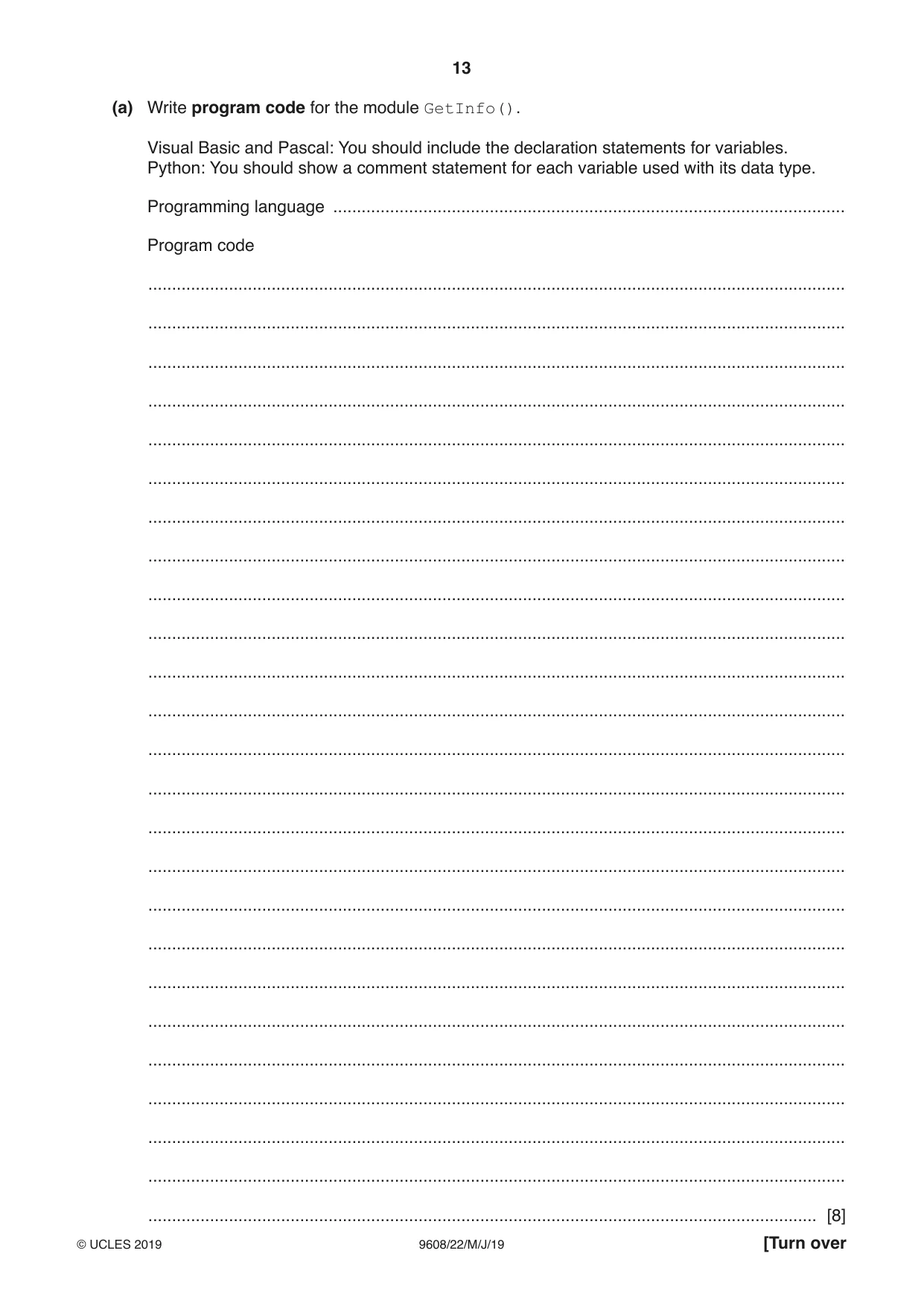 Cambridge A Level Computer Science 9608 2019 May/June Paper 2 · Variant 2 question paper, page 13 of 16