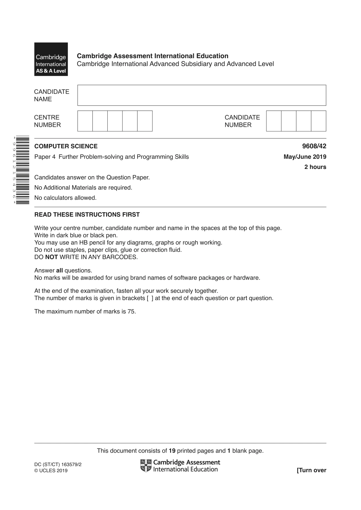 Cambridge A Level Computer Science 9608 2019 May/June Paper 4 · Variant 2 question paper, page 1 of 20