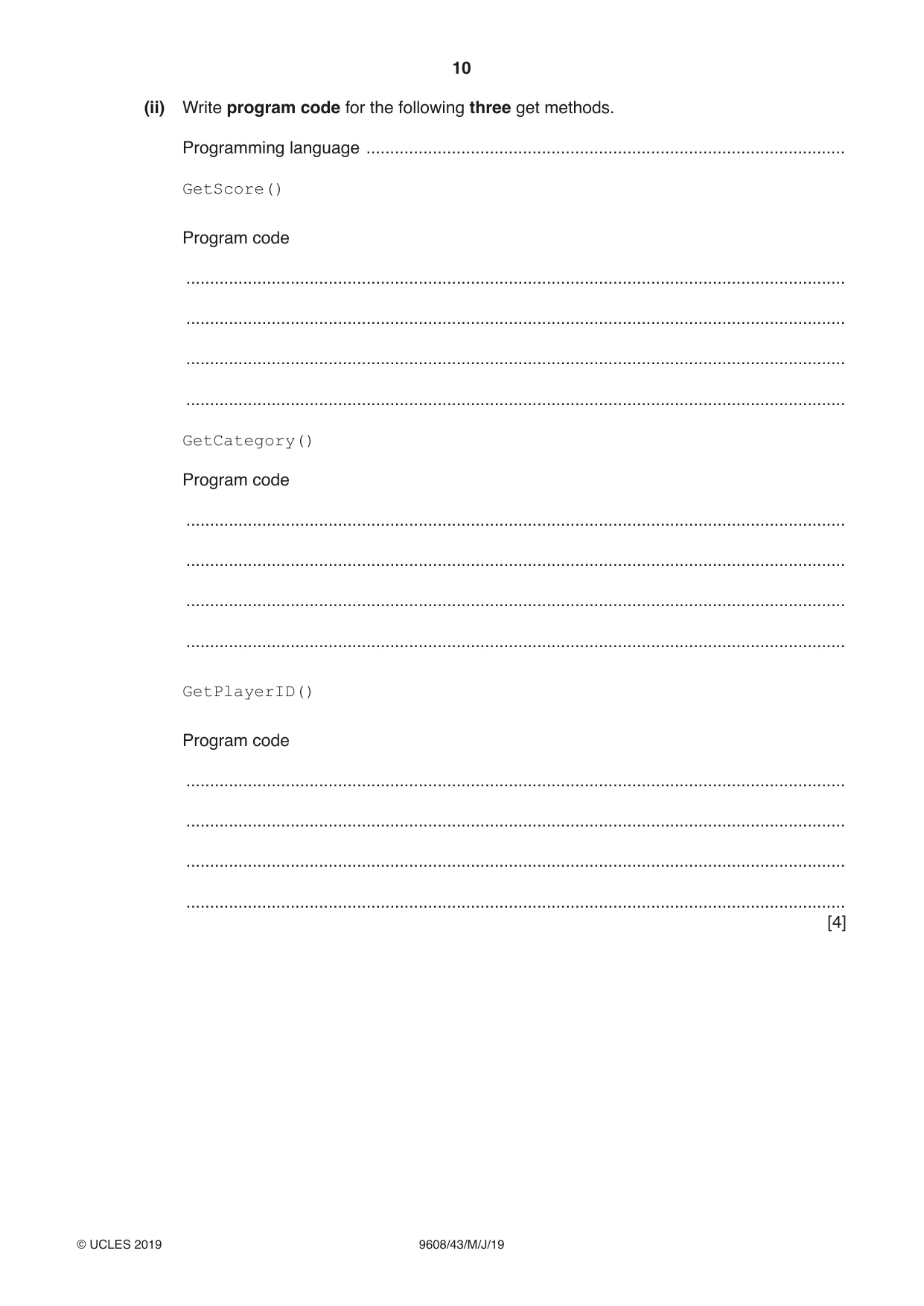 Cambridge A Level Computer Science 9608 2019 May/June Paper 4 · Variant 3 question paper, page 10 of 20