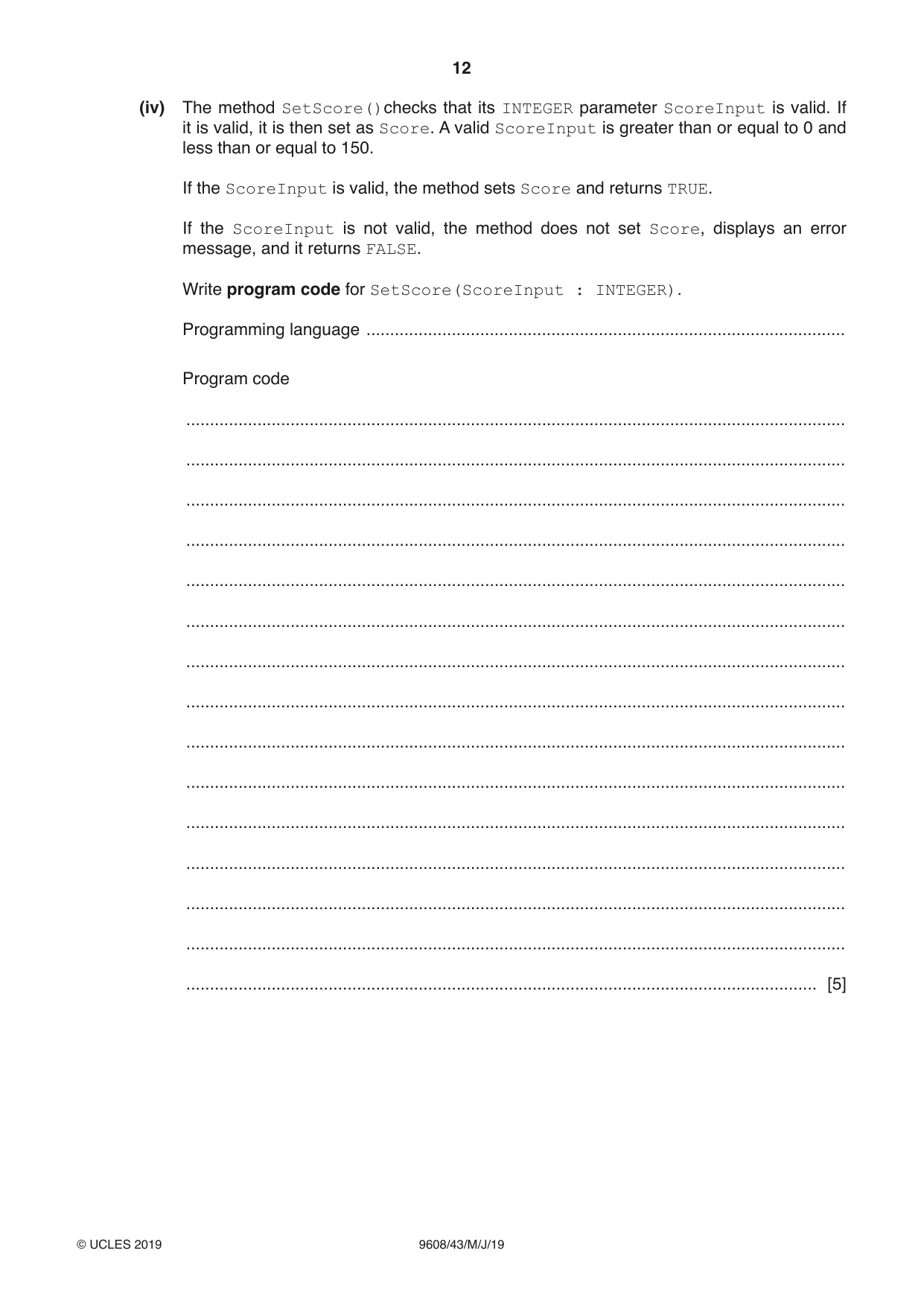 Cambridge A Level Computer Science 9608 2019 May/June Paper 4 · Variant 3 question paper, page 12 of 20