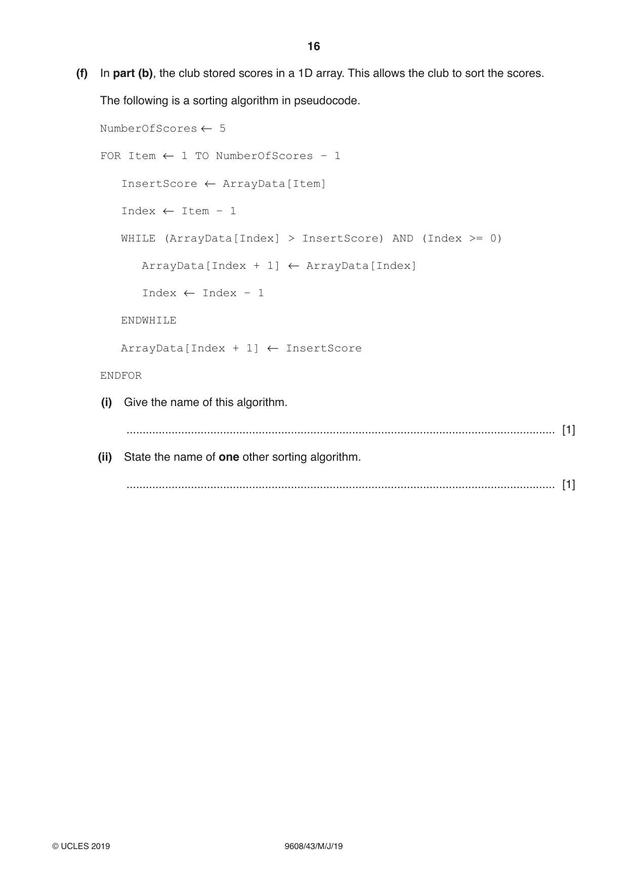 Cambridge A Level Computer Science 9608 2019 May/June Paper 4 · Variant 3 question paper, page 16 of 20