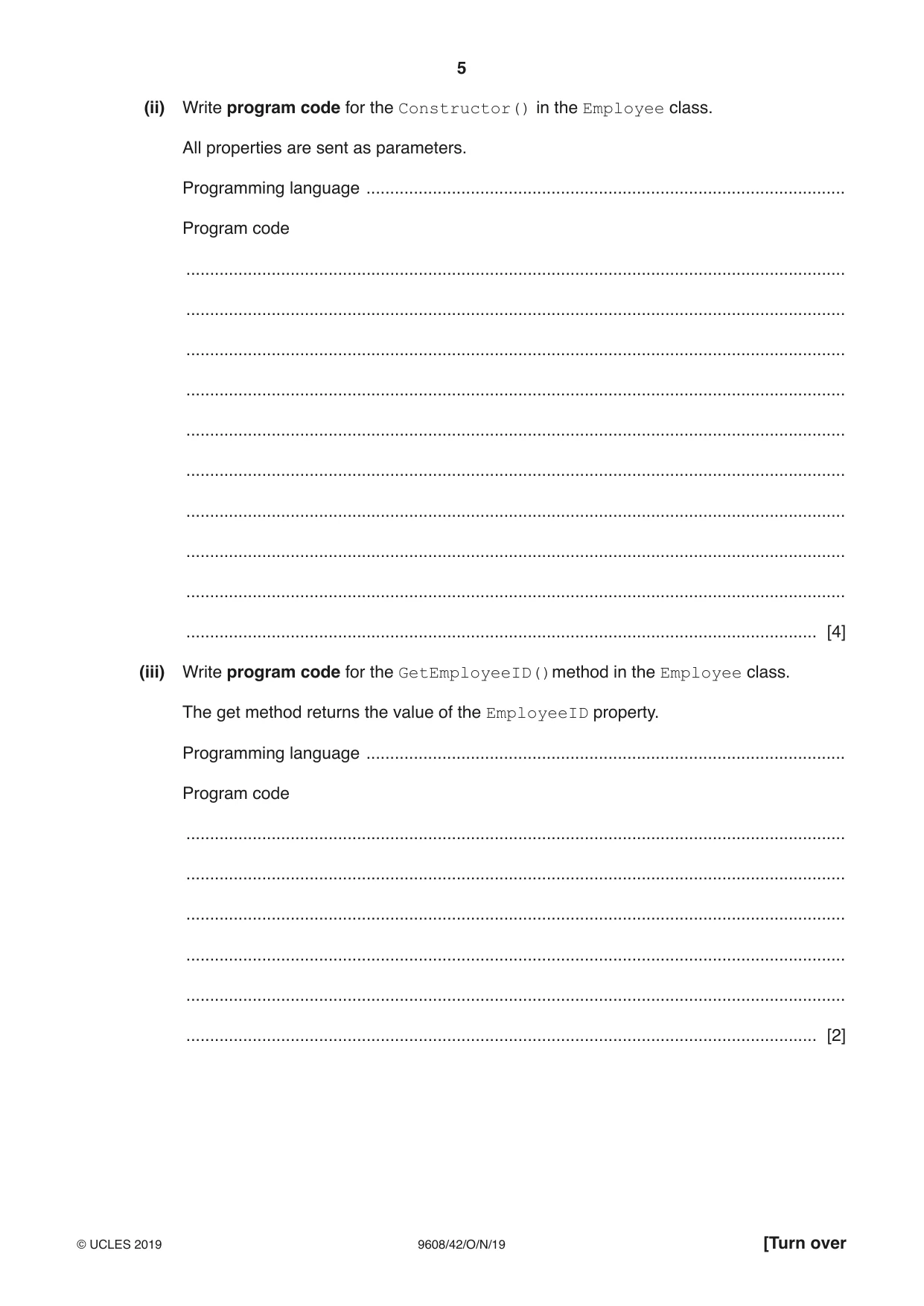 Cambridge A Level Computer Science 9608 2019 Oct/Nov Paper 4 · Variant 2 question paper, page 5 of 20