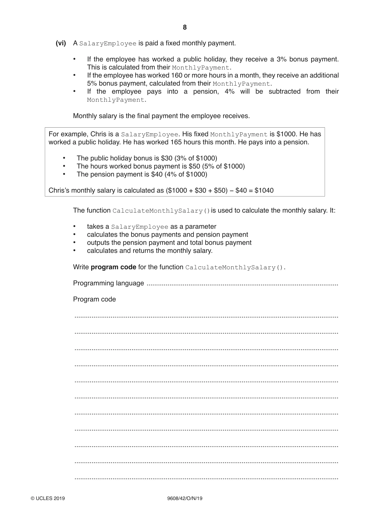 Cambridge A Level Computer Science 9608 2019 Oct/Nov Paper 4 · Variant 2 question paper, page 8 of 20