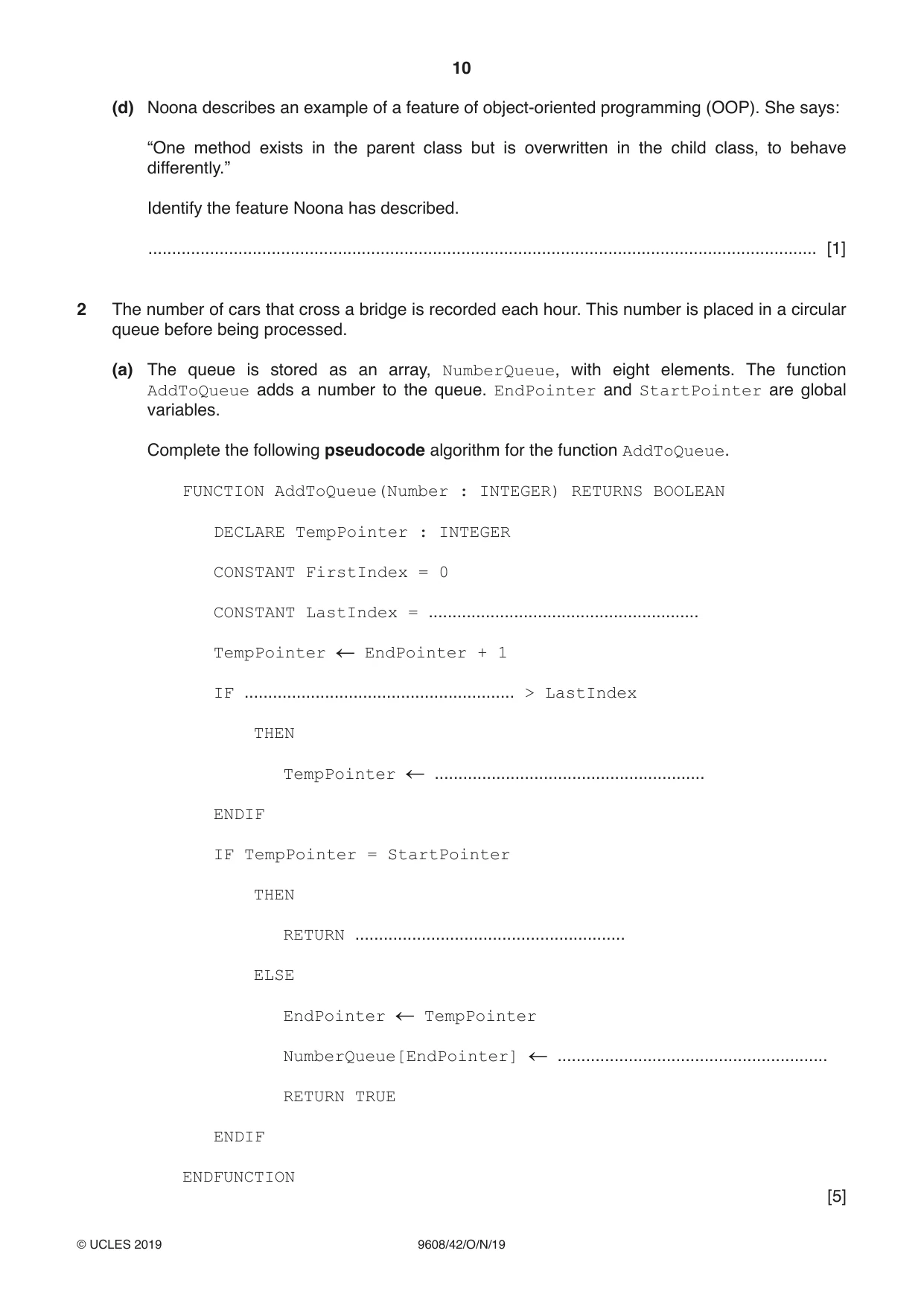Cambridge A Level Computer Science 9608 2019 Oct/Nov Paper 4 · Variant 2 question paper, page 10 of 20
