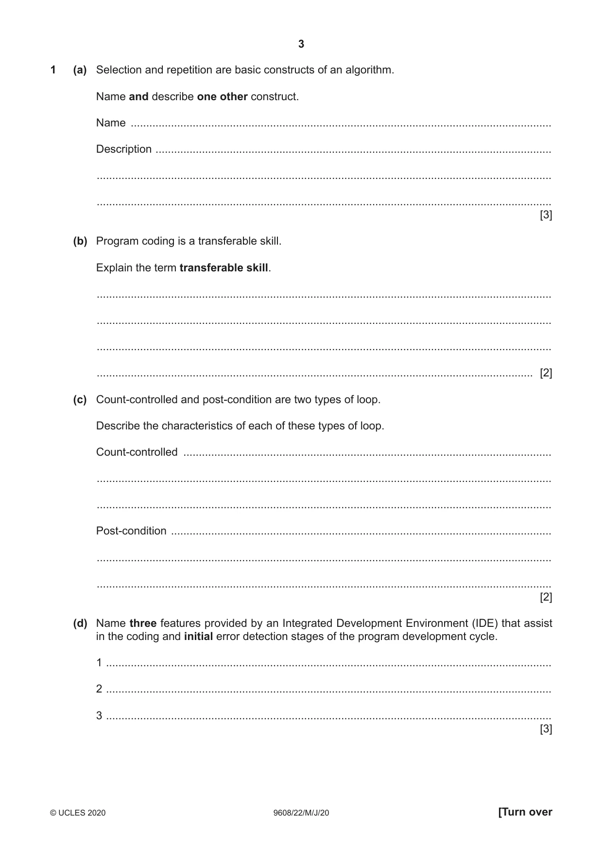 Cambridge A Level Computer Science 9608 2020 May/June Paper 2 · Variant 2 question paper, page 3 of 20