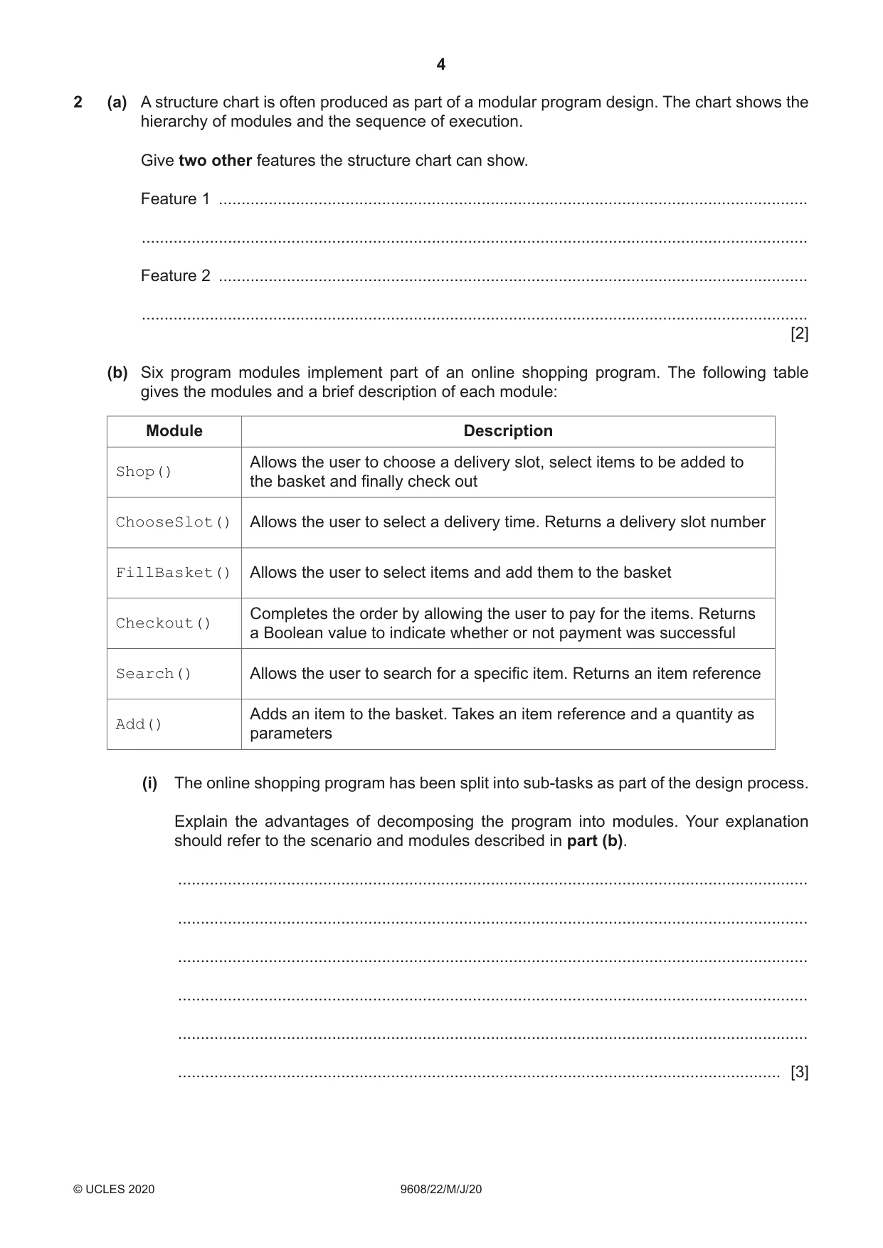 Cambridge A Level Computer Science 9608 2020 May/June Paper 2 · Variant 2 question paper, page 4 of 20