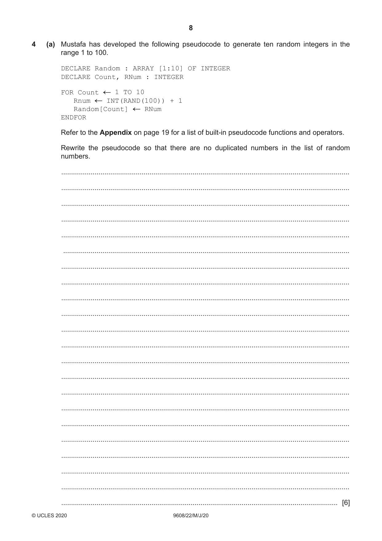 Cambridge A Level Computer Science 9608 2020 May/June Paper 2 · Variant 2 question paper, page 8 of 20