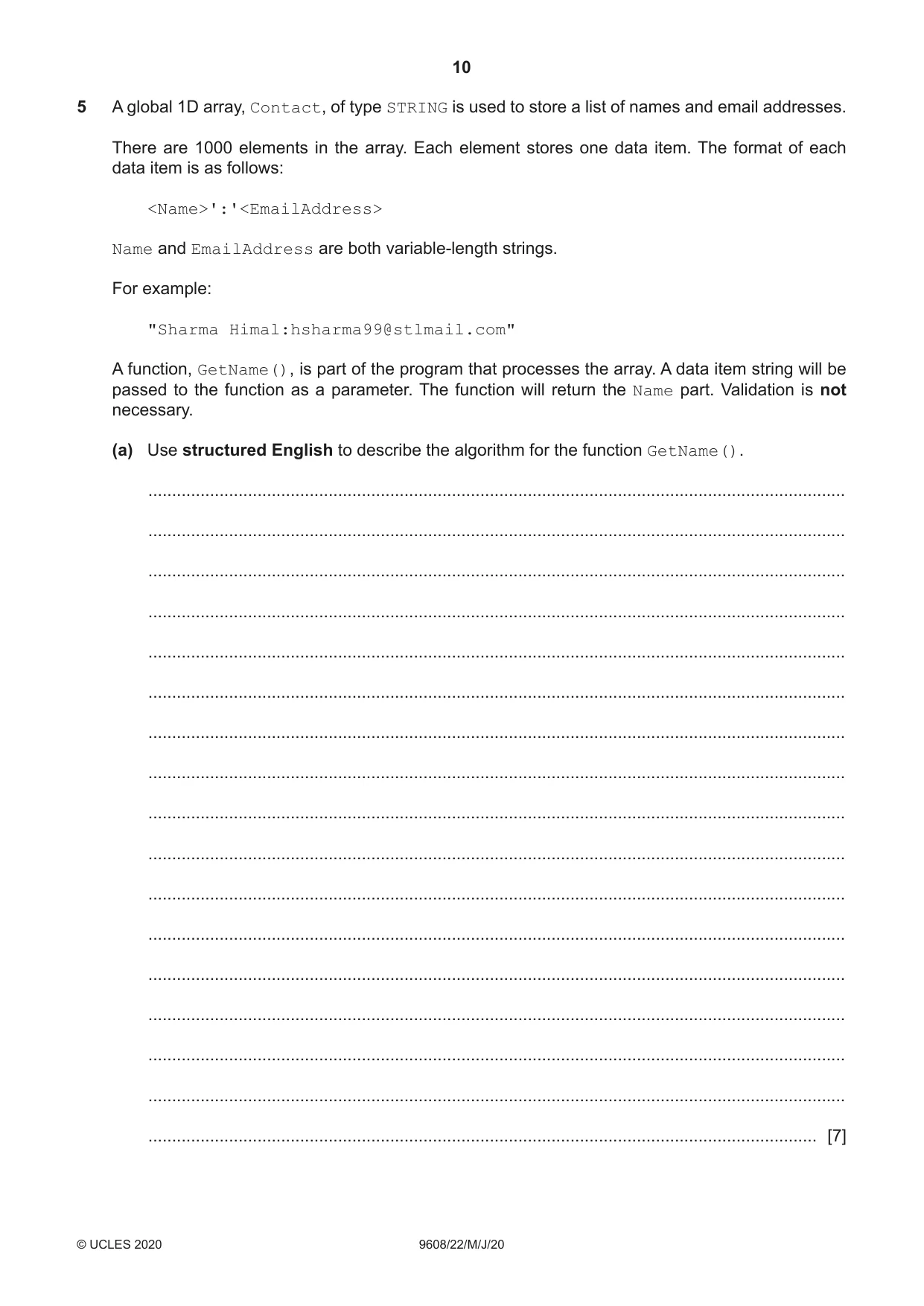 Cambridge A Level Computer Science 9608 2020 May/June Paper 2 · Variant 2 question paper, page 10 of 20