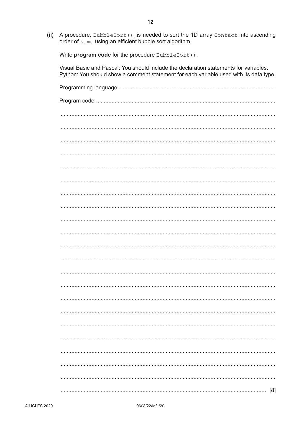 Cambridge A Level Computer Science 9608 2020 May/June Paper 2 · Variant 2 question paper, page 12 of 20