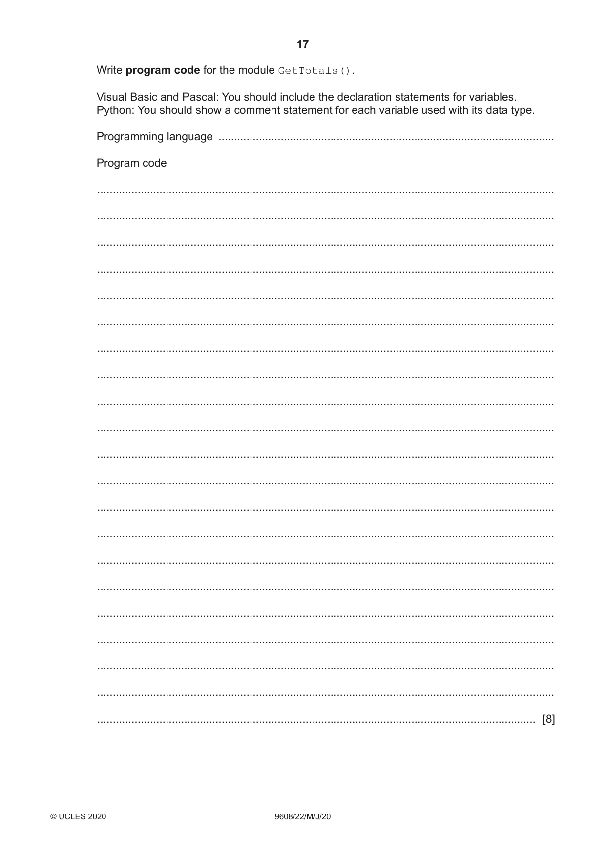 Cambridge A Level Computer Science 9608 2020 May/June Paper 2 · Variant 2 question paper, page 17 of 20