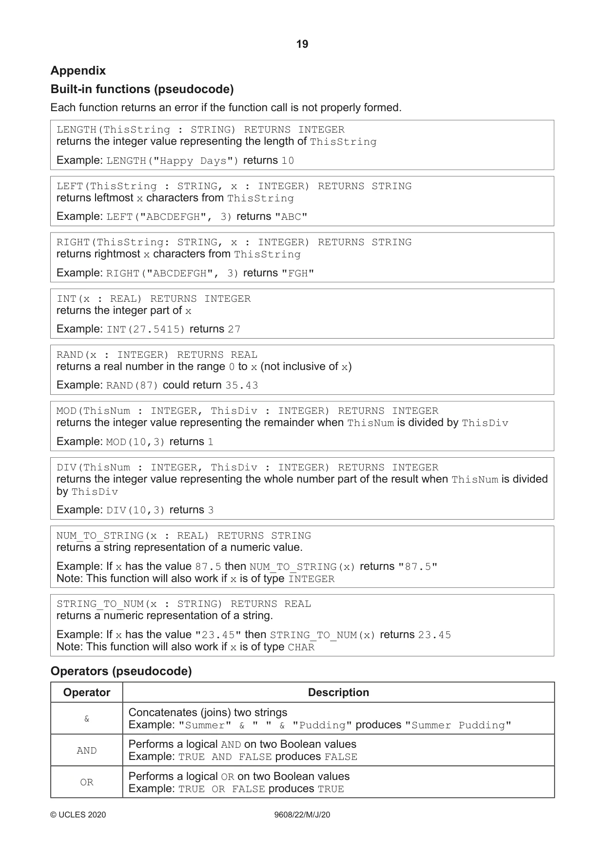 Cambridge A Level Computer Science 9608 2020 May/June Paper 2 · Variant 2 question paper, page 19 of 20