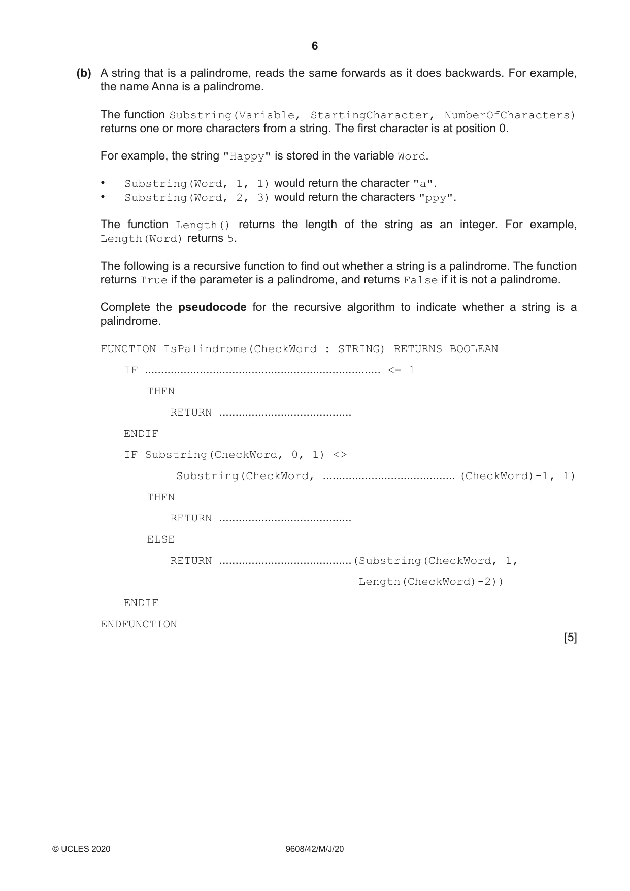 Cambridge A Level Computer Science 9608 2020 May/June Paper 4 · Variant 2 question paper, page 6 of 16