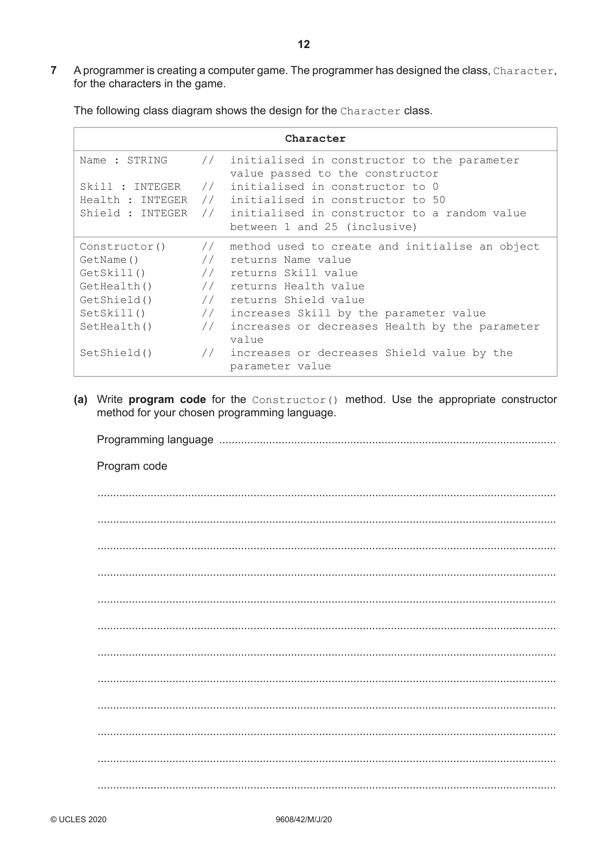 Cambridge A Level Computer Science 9608 2020 May/June Paper 4 · Variant 2 question paper, page 12 of 16