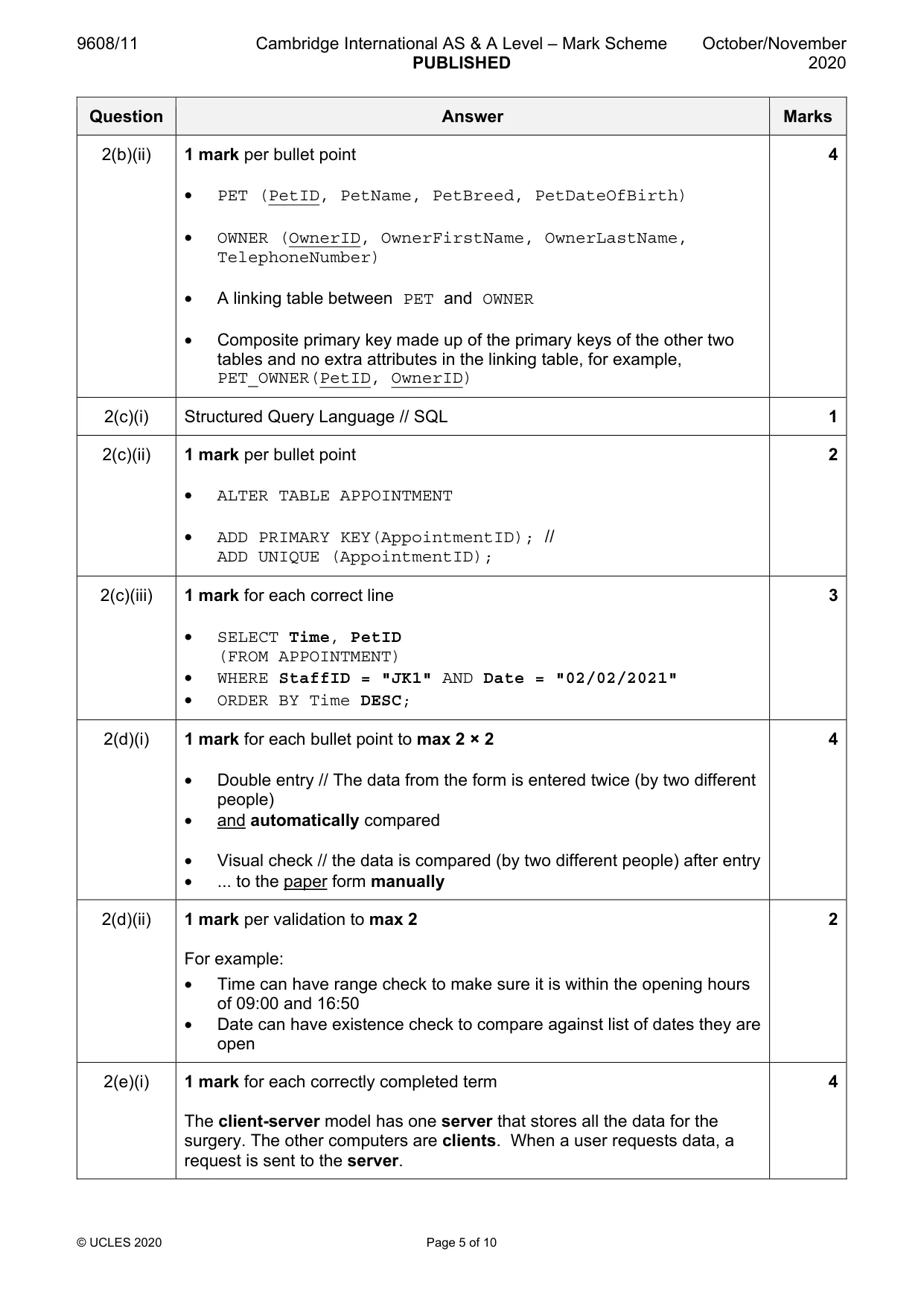 Mark scheme, page 5 of 10