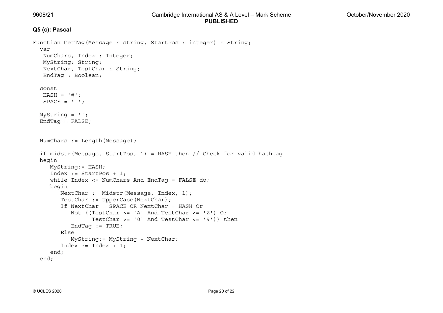 Mark scheme, page 20 of 22