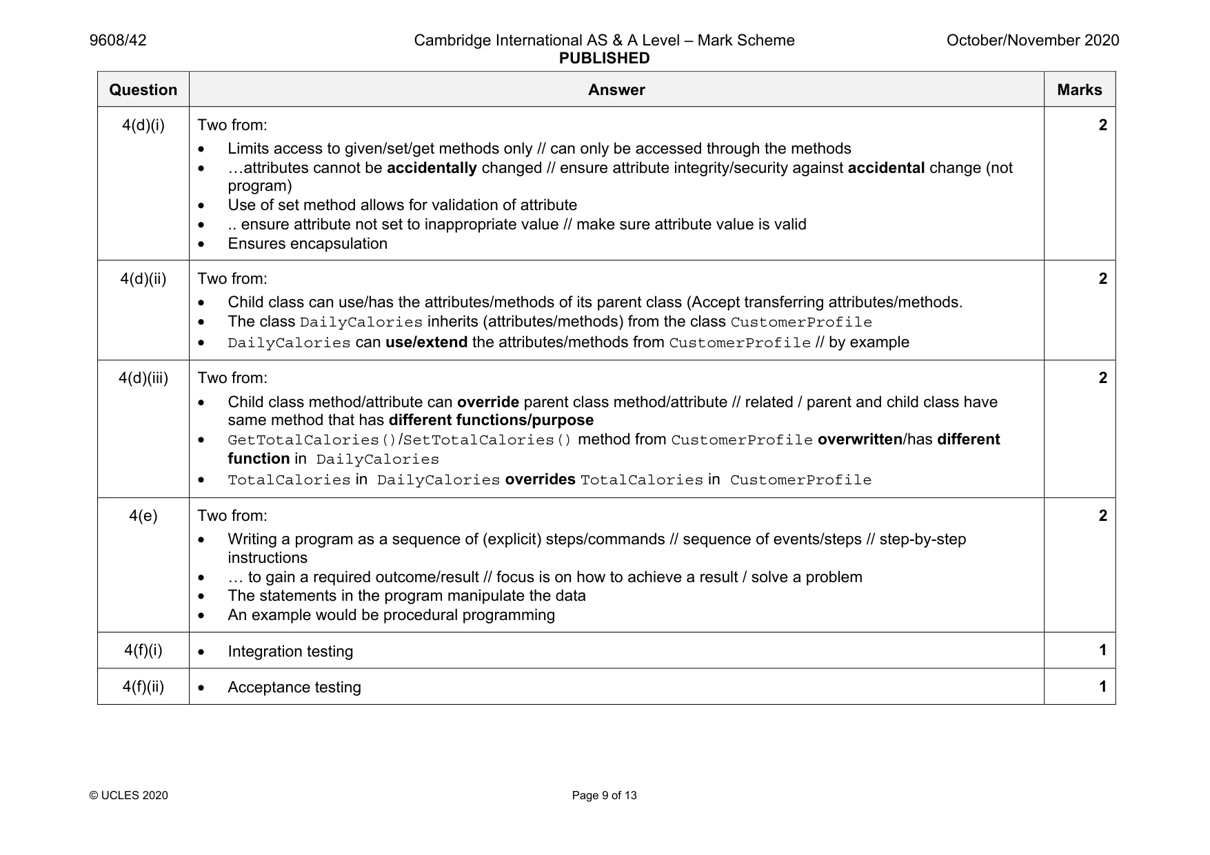 Mark scheme, page 9 of 13