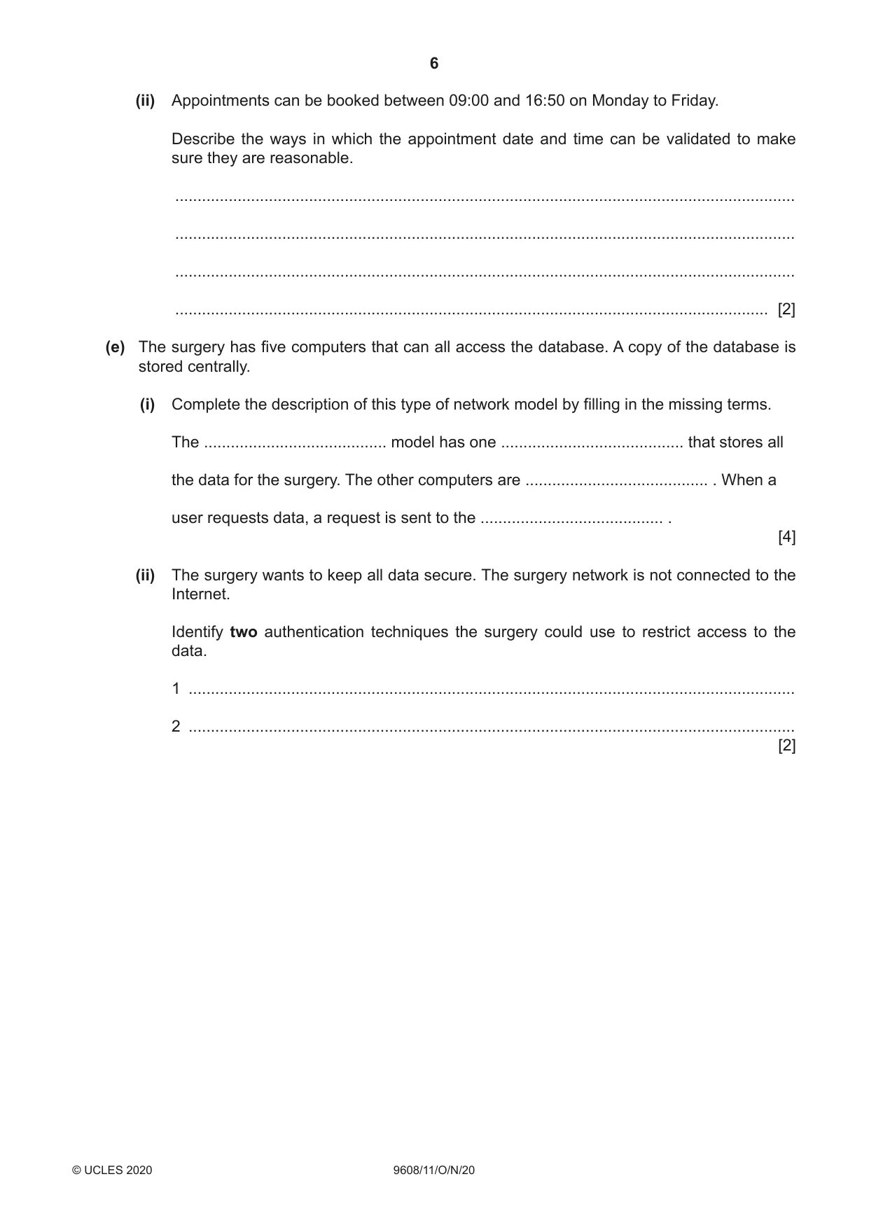 Cambridge A Level Computer Science 9608 2020 Oct/Nov Paper 1 · Variant 1 question paper, page 6 of 16