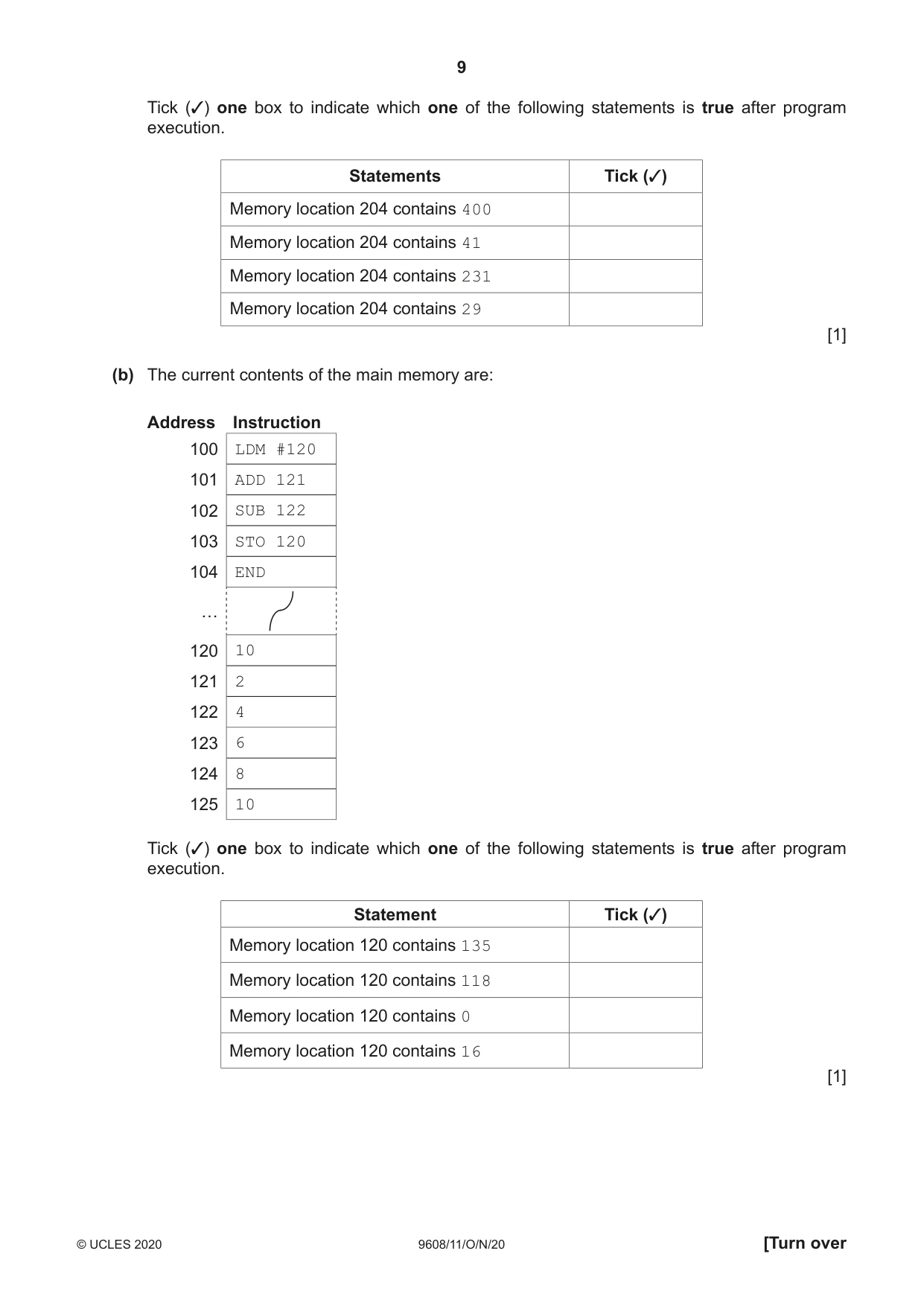 Cambridge A Level Computer Science 9608 2020 Oct/Nov Paper 1 · Variant 1 question paper, page 9 of 16