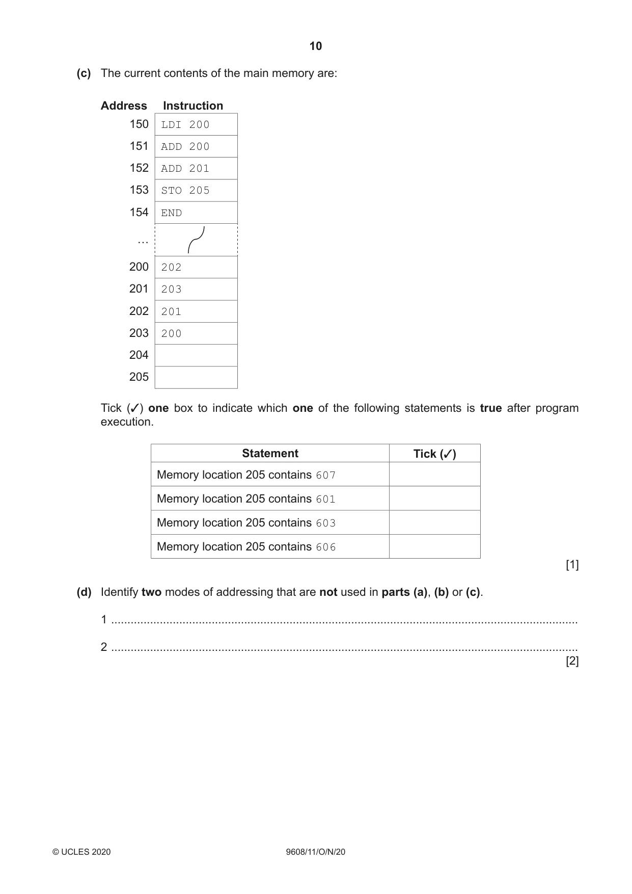 Cambridge A Level Computer Science 9608 2020 Oct/Nov Paper 1 · Variant 1 question paper, page 10 of 16