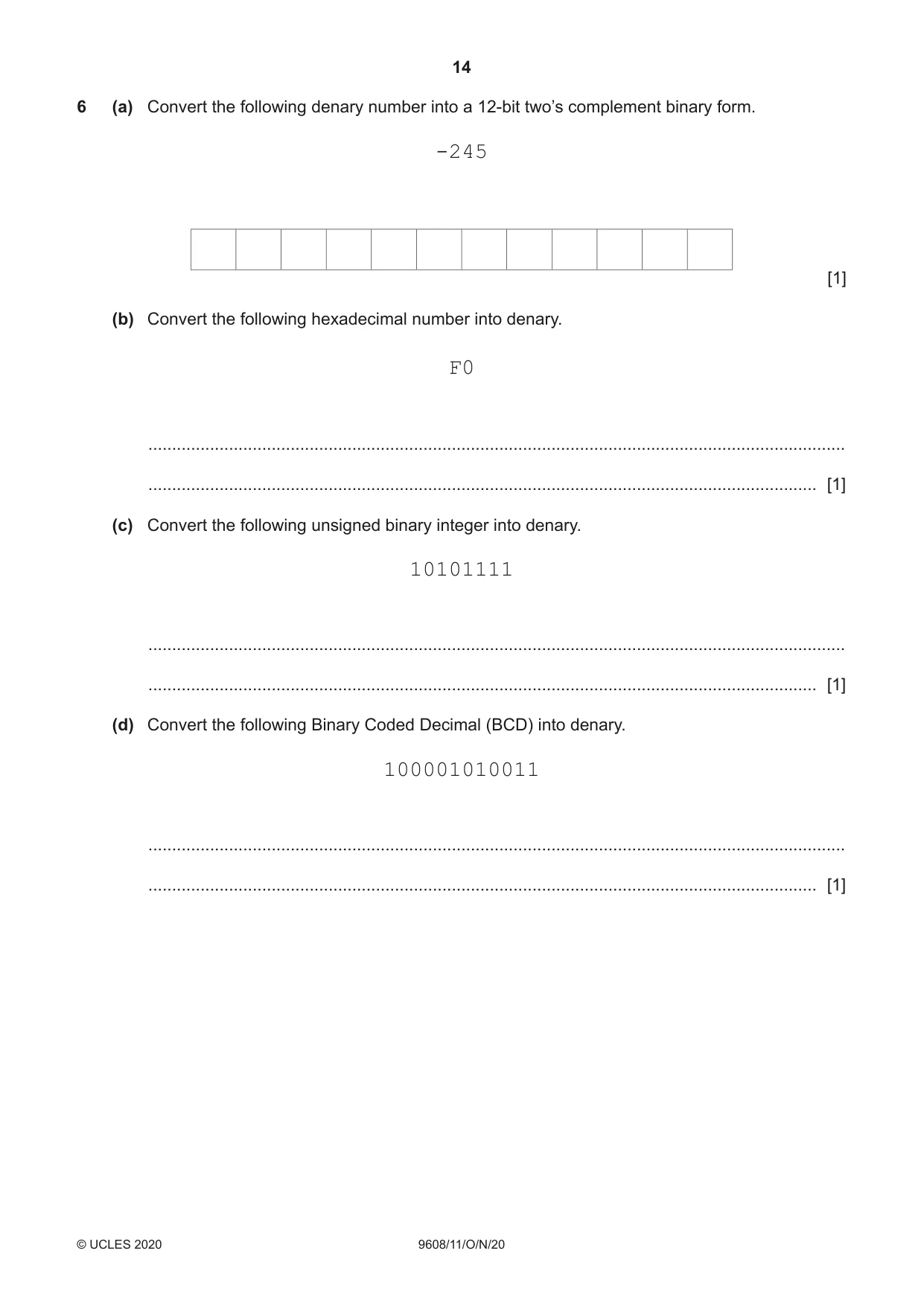 Cambridge A Level Computer Science 9608 2020 Oct/Nov Paper 1 · Variant 1 question paper, page 14 of 16
