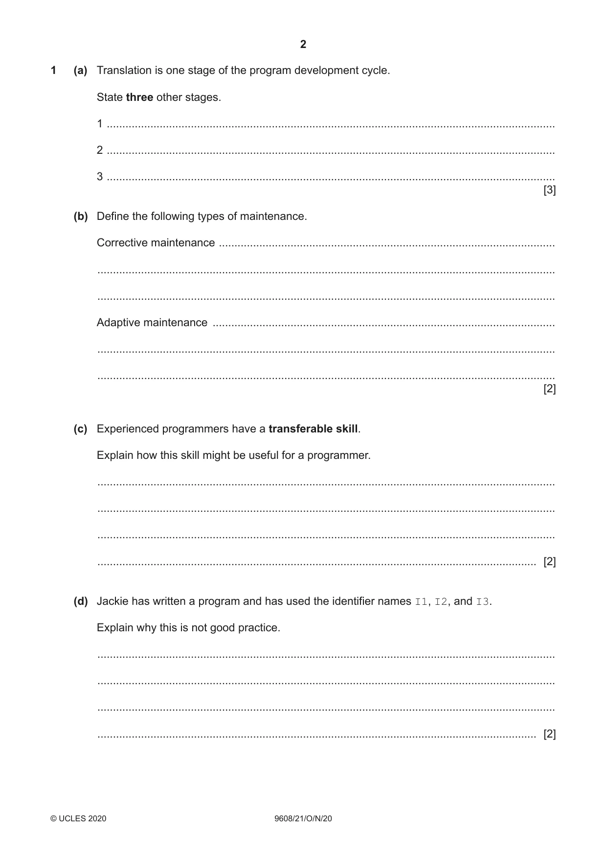 Cambridge A Level Computer Science 9608 2020 Oct/Nov Paper 2 · Variant 1 question paper, page 2 of 20