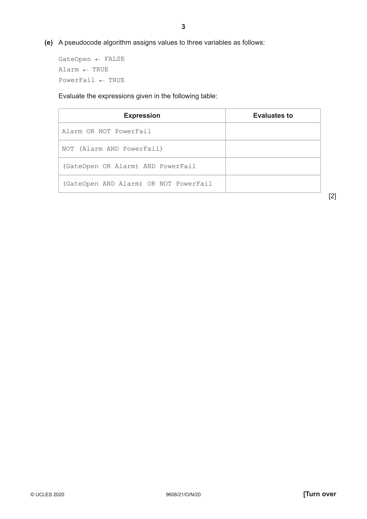 Cambridge A Level Computer Science 9608 2020 Oct/Nov Paper 2 · Variant 1 question paper, page 3 of 20