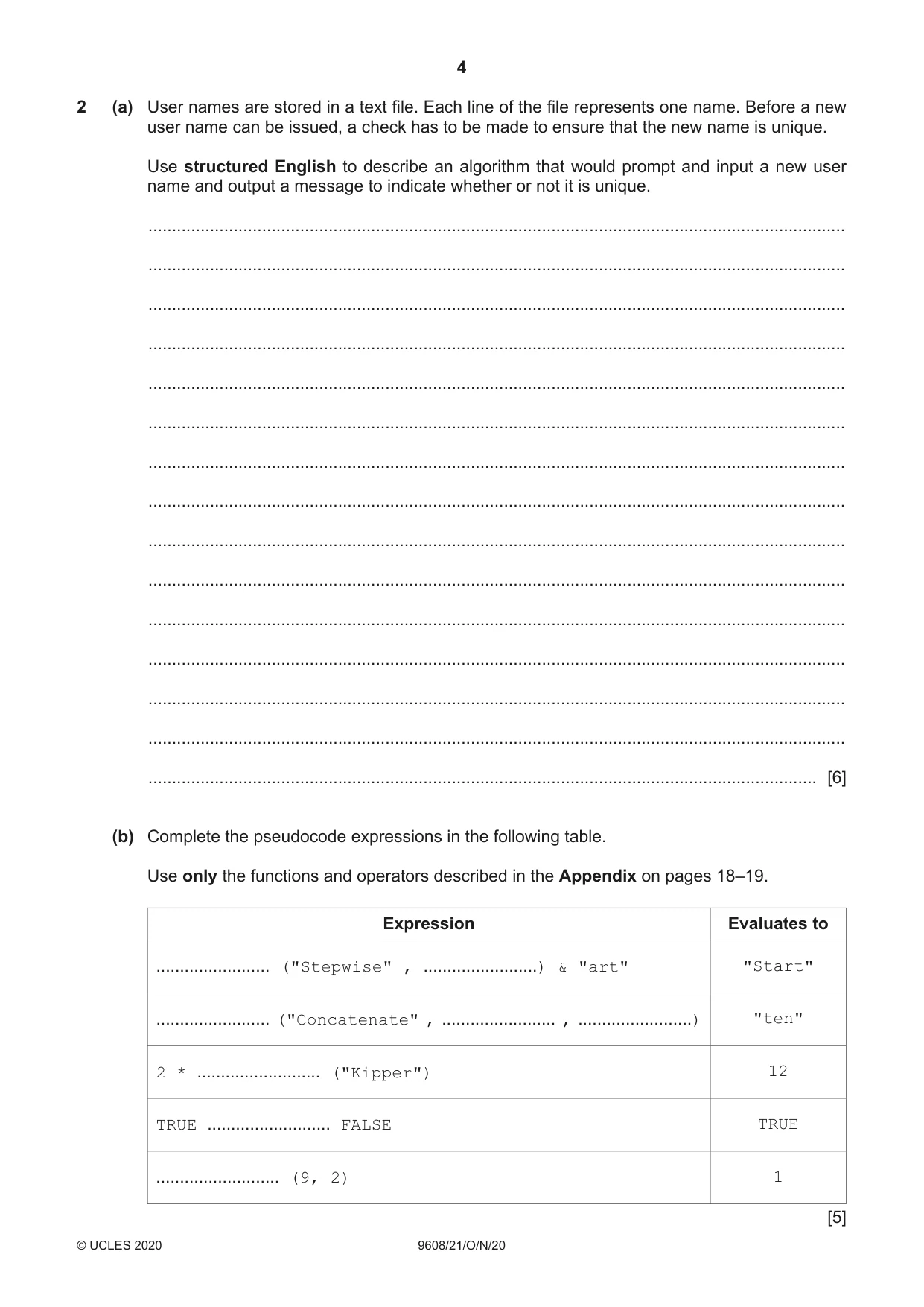 Cambridge A Level Computer Science 9608 2020 Oct/Nov Paper 2 · Variant 1 question paper, page 4 of 20